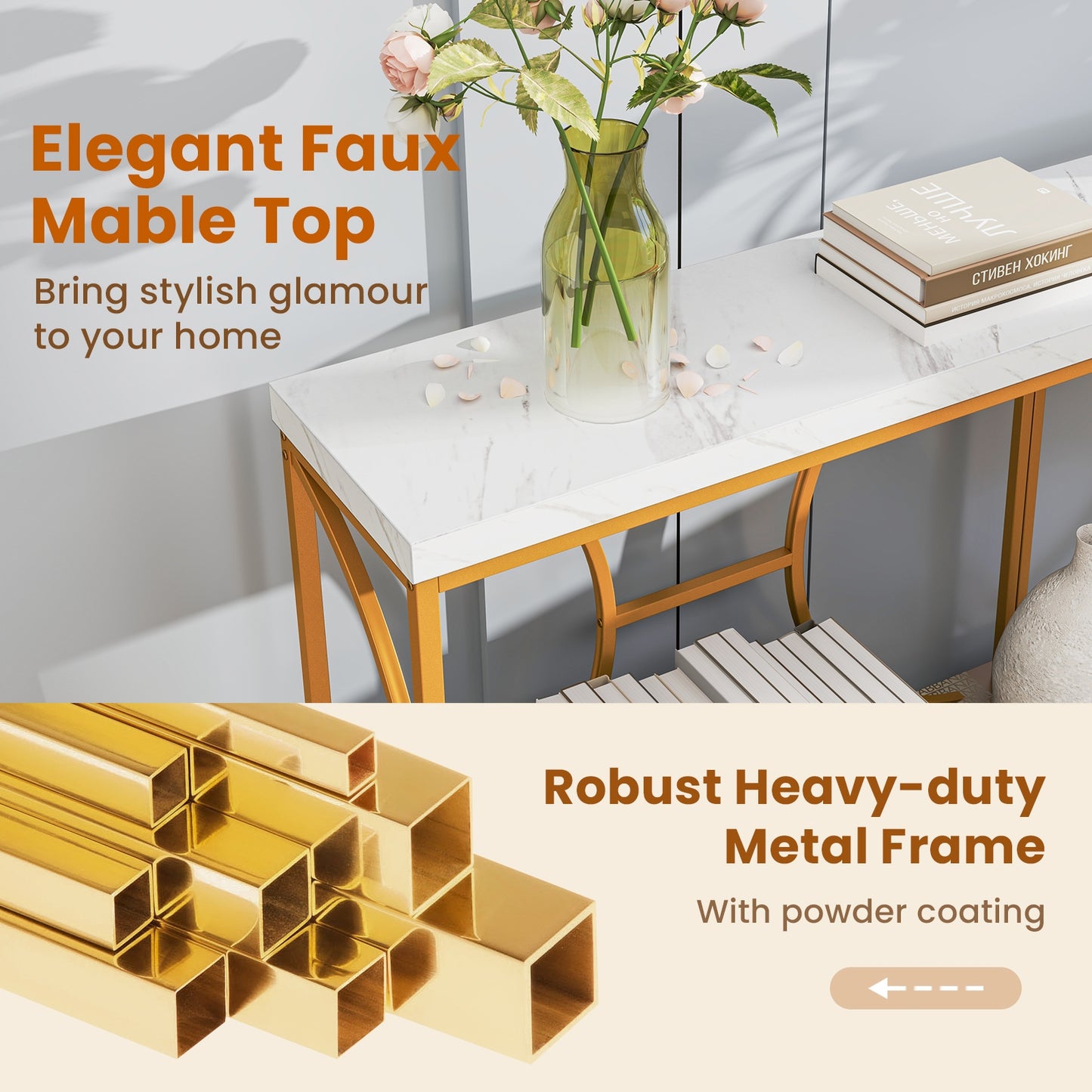 Elegant 2-Tier Console Table with Faux Marble Top and Storage Shelf