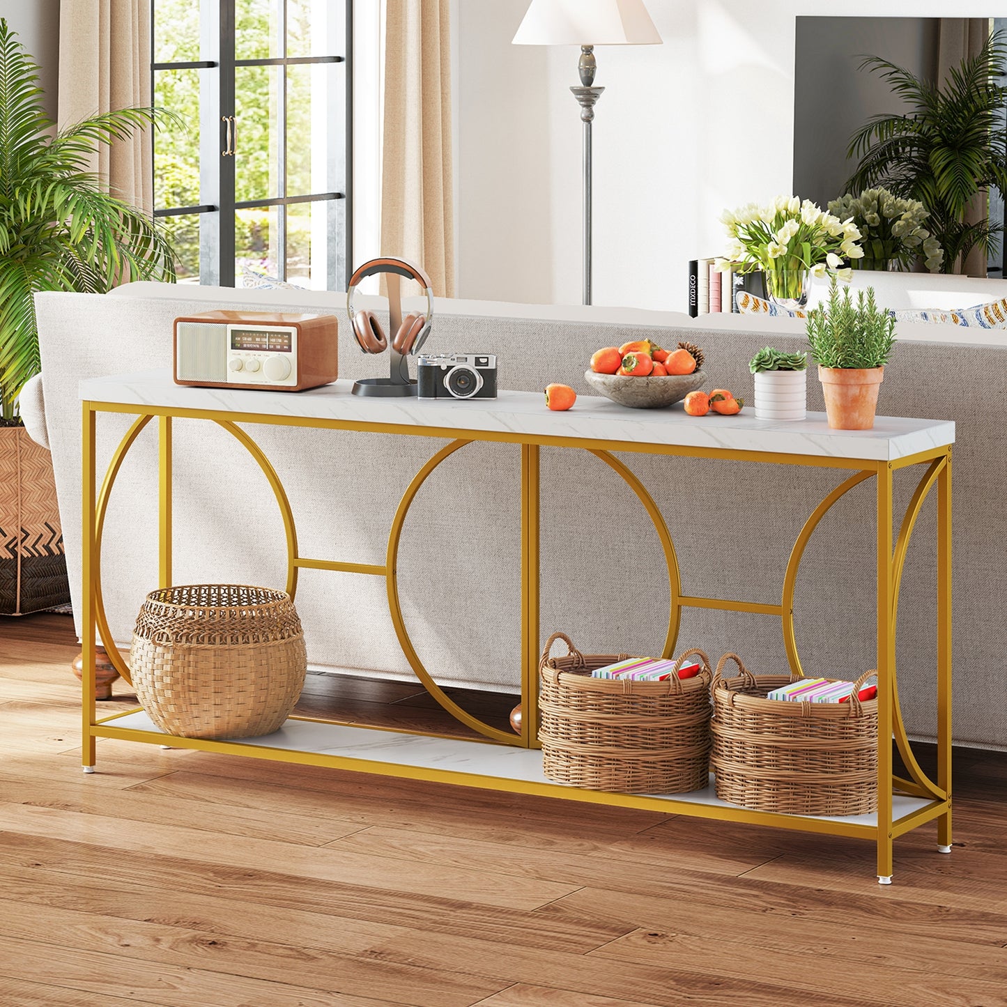 Elegant 2-Tier Console Table with Faux Marble Top and Storage Shelf