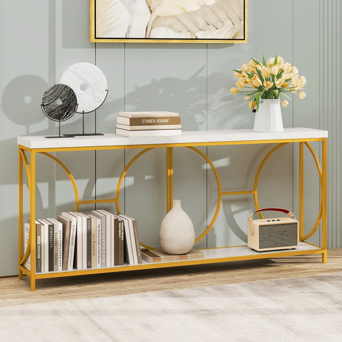 Elegant 2-Tier Console Table with Faux Marble Top and Storage Shelf