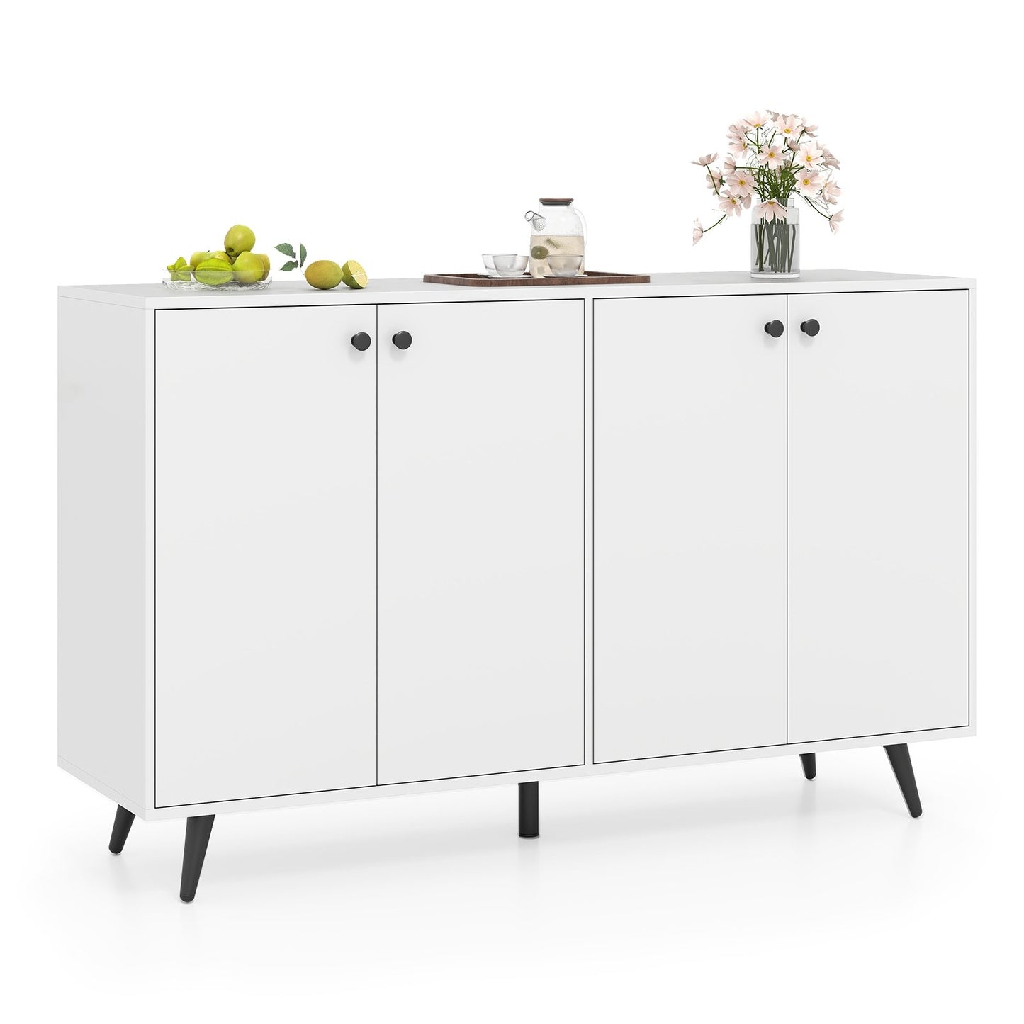 Mid Century Modern Buffet Cabinet with Adjustable Storage Shelves - White