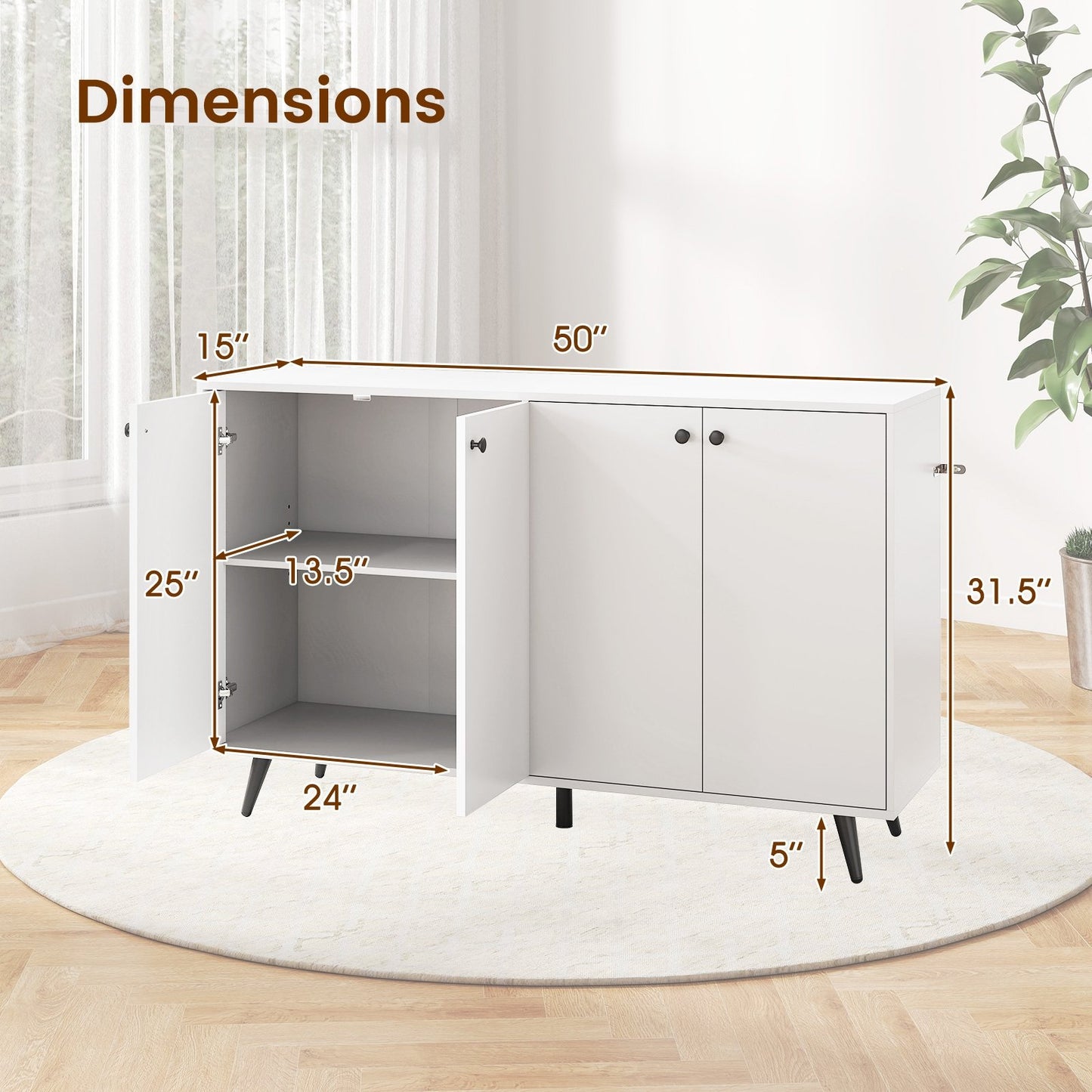 Mid Century Modern Buffet Cabinet with Adjustable Storage Shelves - White