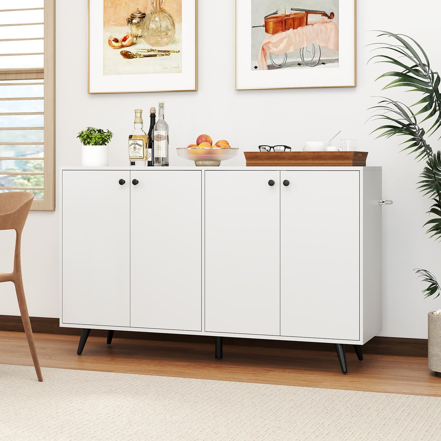 Mid Century Modern Buffet Cabinet with Adjustable Storage Shelves - White