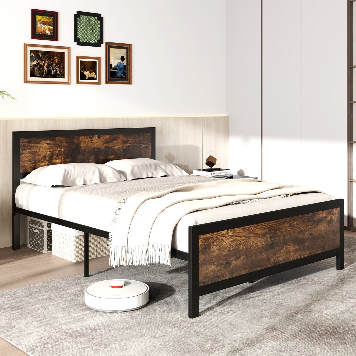Farmhouse Style Metal Bed Frame with Wooden Touches and Silent Support, Full Size