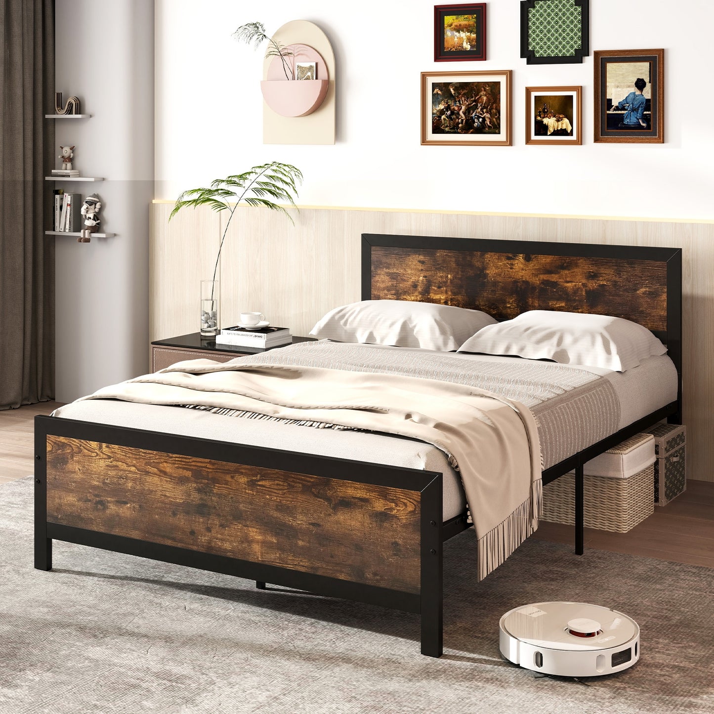 Farmhouse Style Metal Bed Frame with Wooden Touches and Silent Support, Full Size