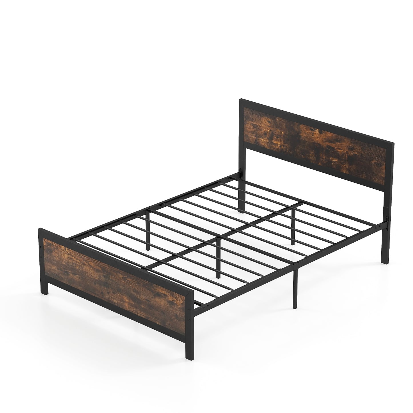 Farmhouse Style Metal Bed Frame with Wooden Touches and Silent Support, Full Size