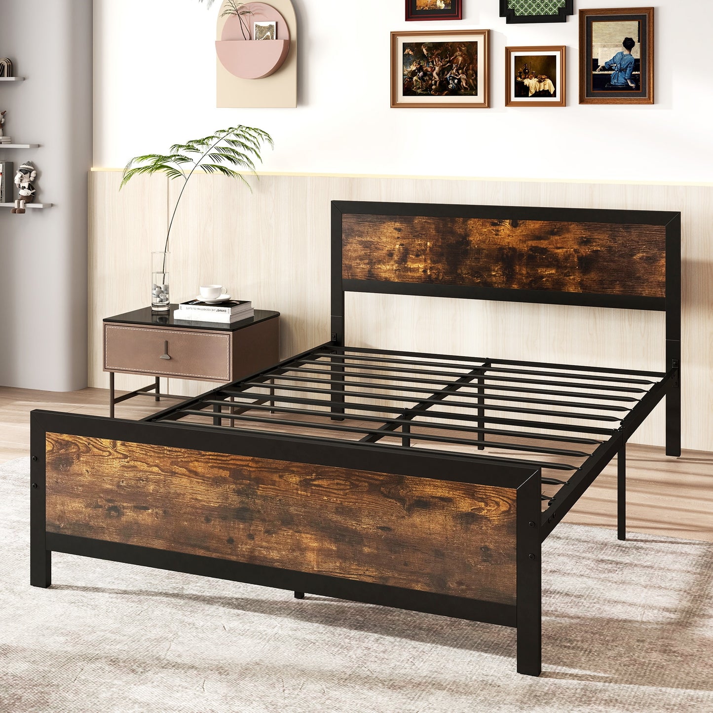 Farmhouse Style Metal Bed Frame with Wooden Touches and Silent Support, Full Size