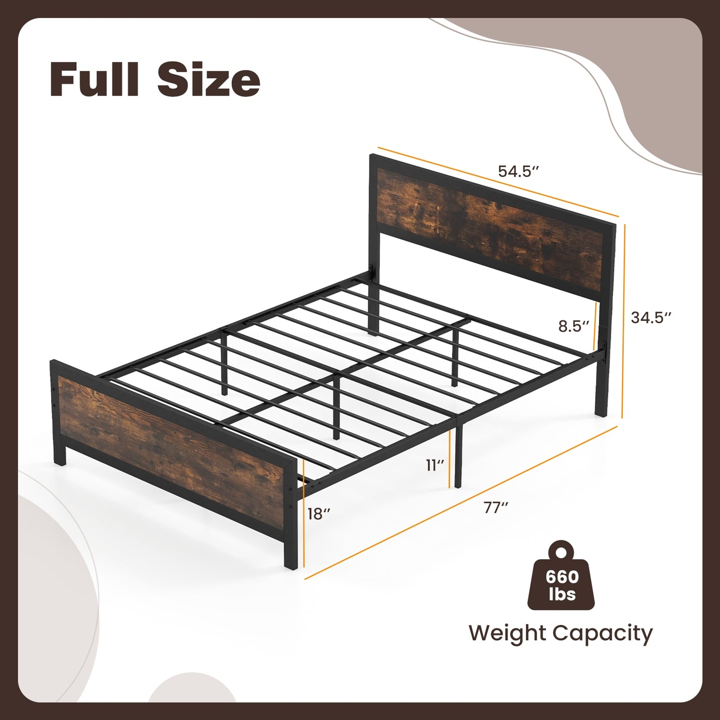 Farmhouse Style Metal Bed Frame with Wooden Touches and Silent Support, Full Size