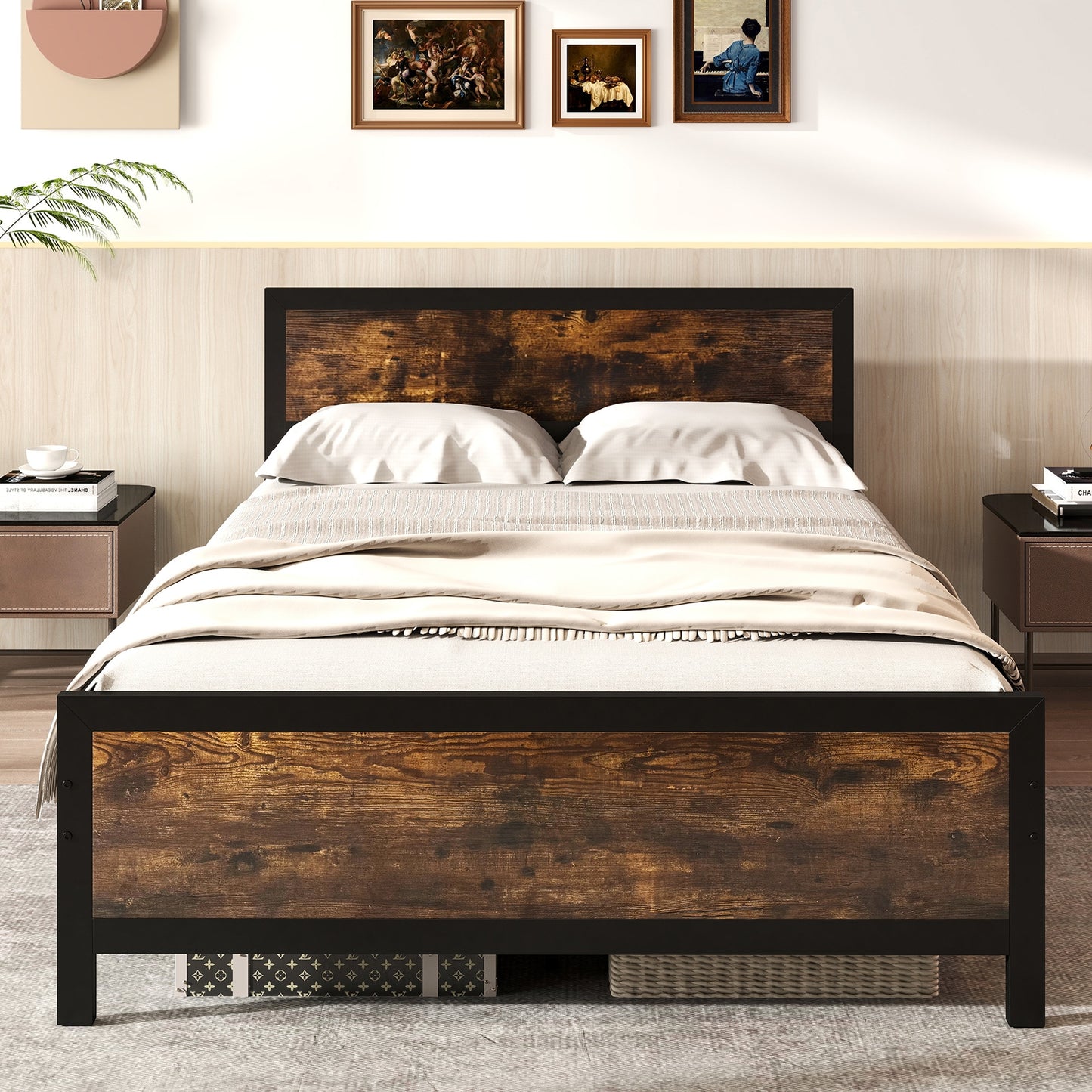 Farmhouse Style Metal Bed Frame with Wooden Touches and Silent Support, Full Size