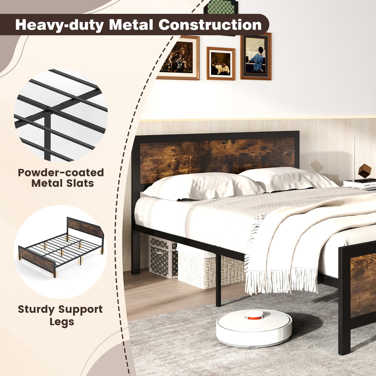 Farmhouse Style Metal Bed Frame with Wooden Touches and Silent Support, Full Size