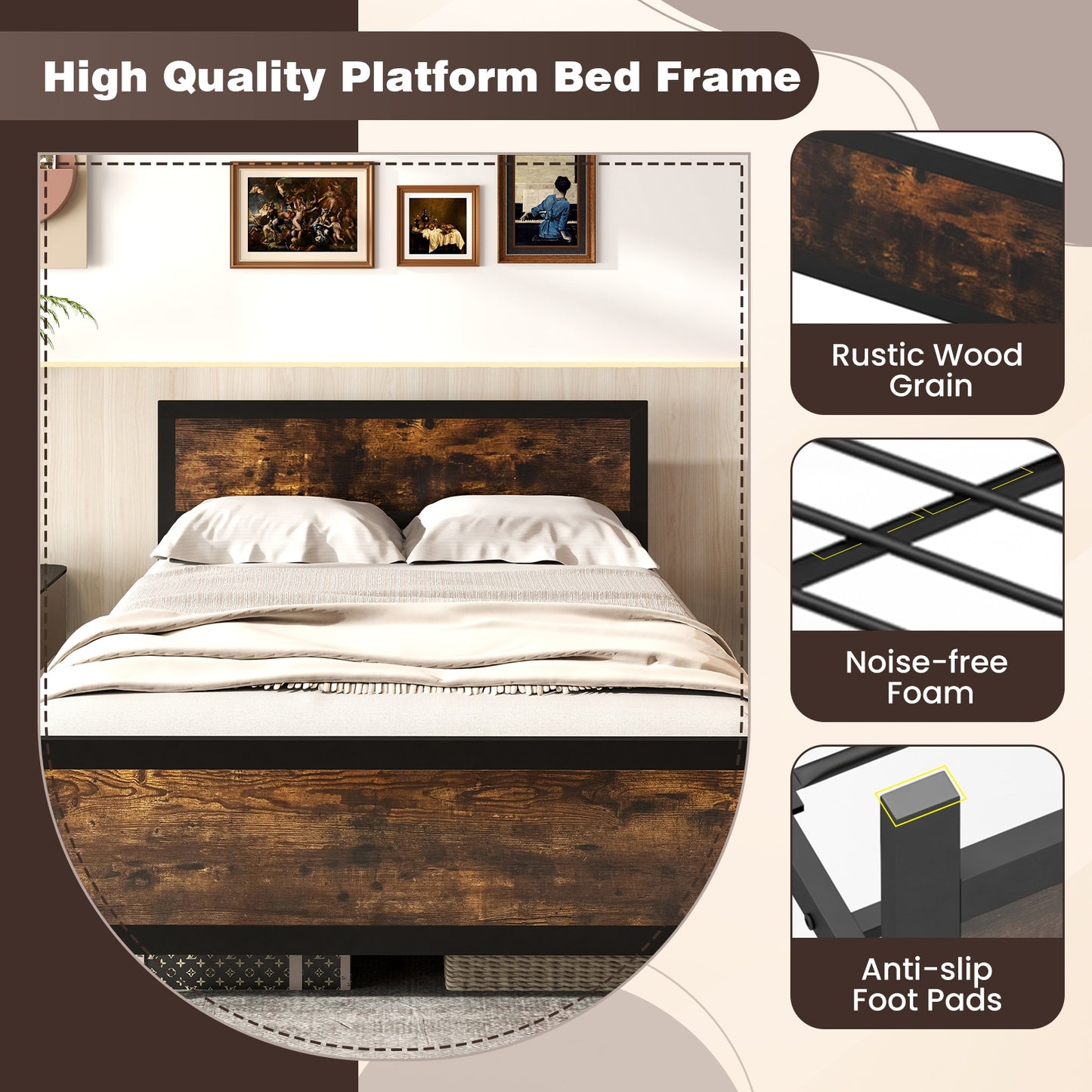 Farmhouse Style Metal Bed Frame with Wooden Touches and Silent Support, Full Size
