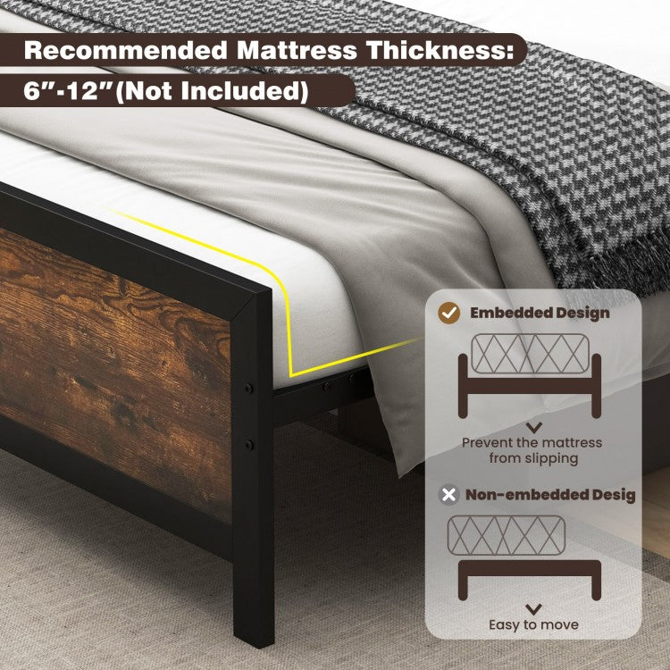 Farmhouse Style Metal Bed Frame with Wooden Touches and Silent Support, Full Size