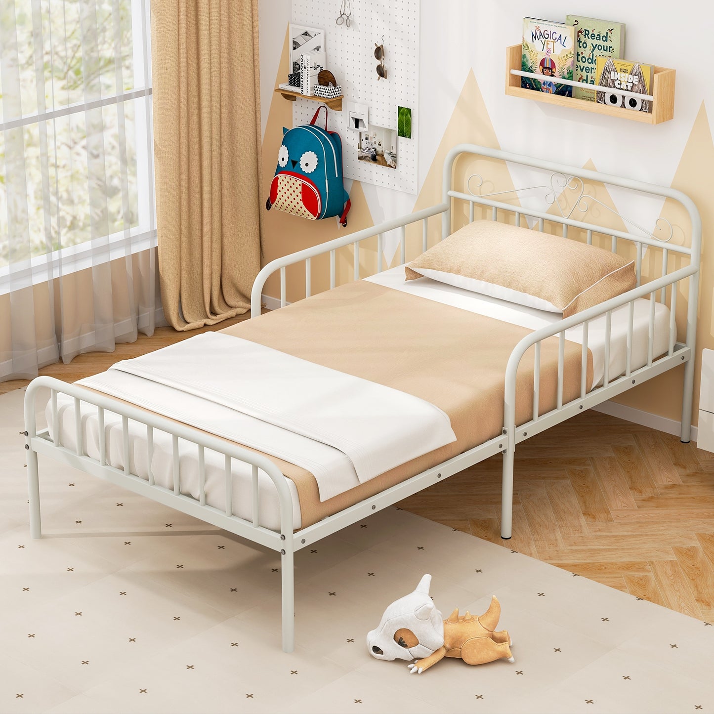 Modern Twin Metal Bed Frame with Headboard and Safety Guardrails – White