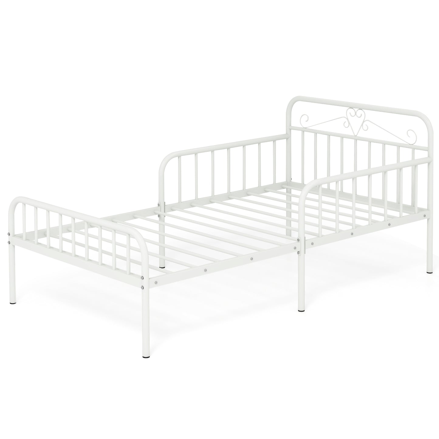 Modern Twin Metal Bed Frame with Headboard and Safety Guardrails – White
