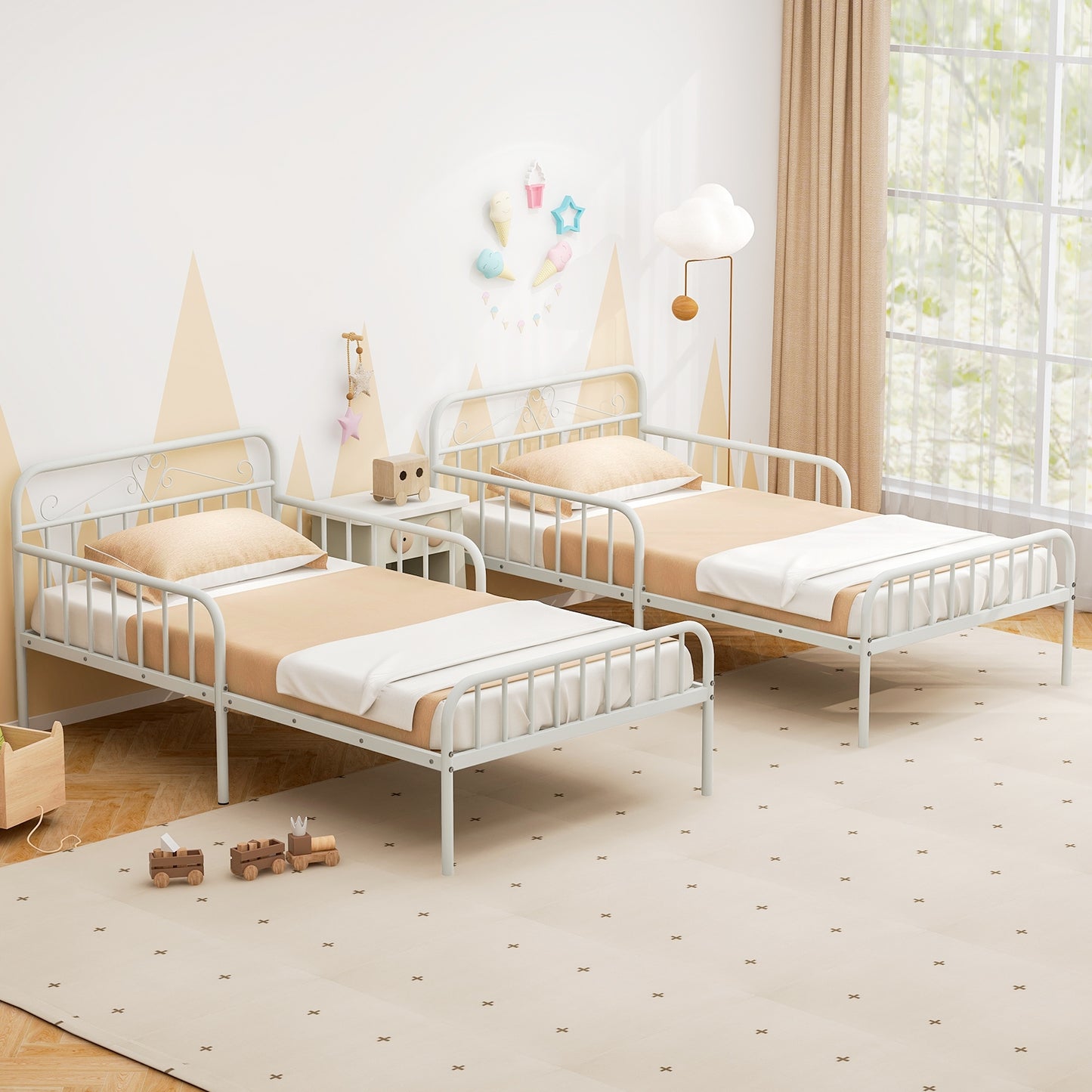 Modern Twin Metal Bed Frame with Headboard and Safety Guardrails – White