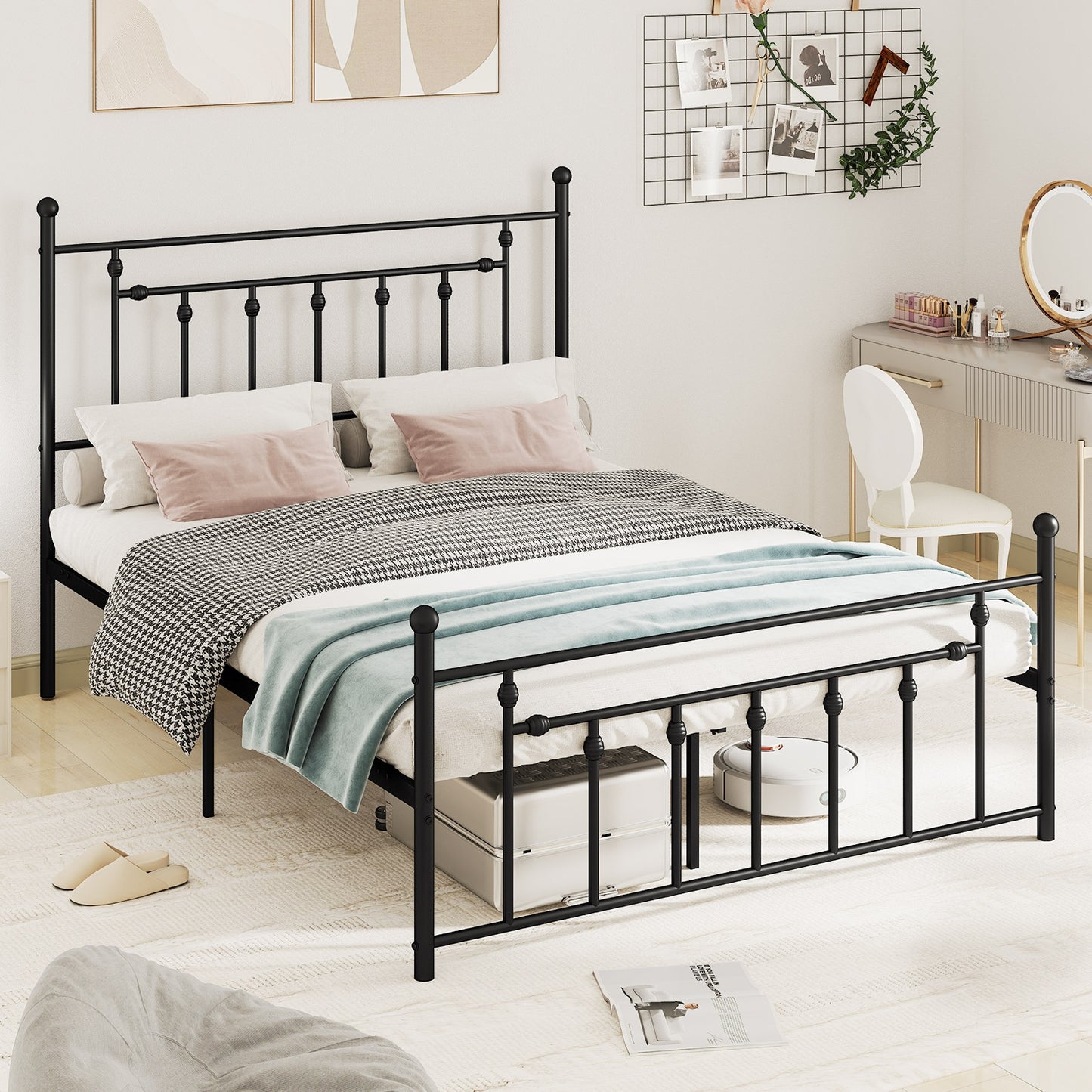 Black Metal Bed Frame with Slatted Base and Elevated Headboard, Queen Size