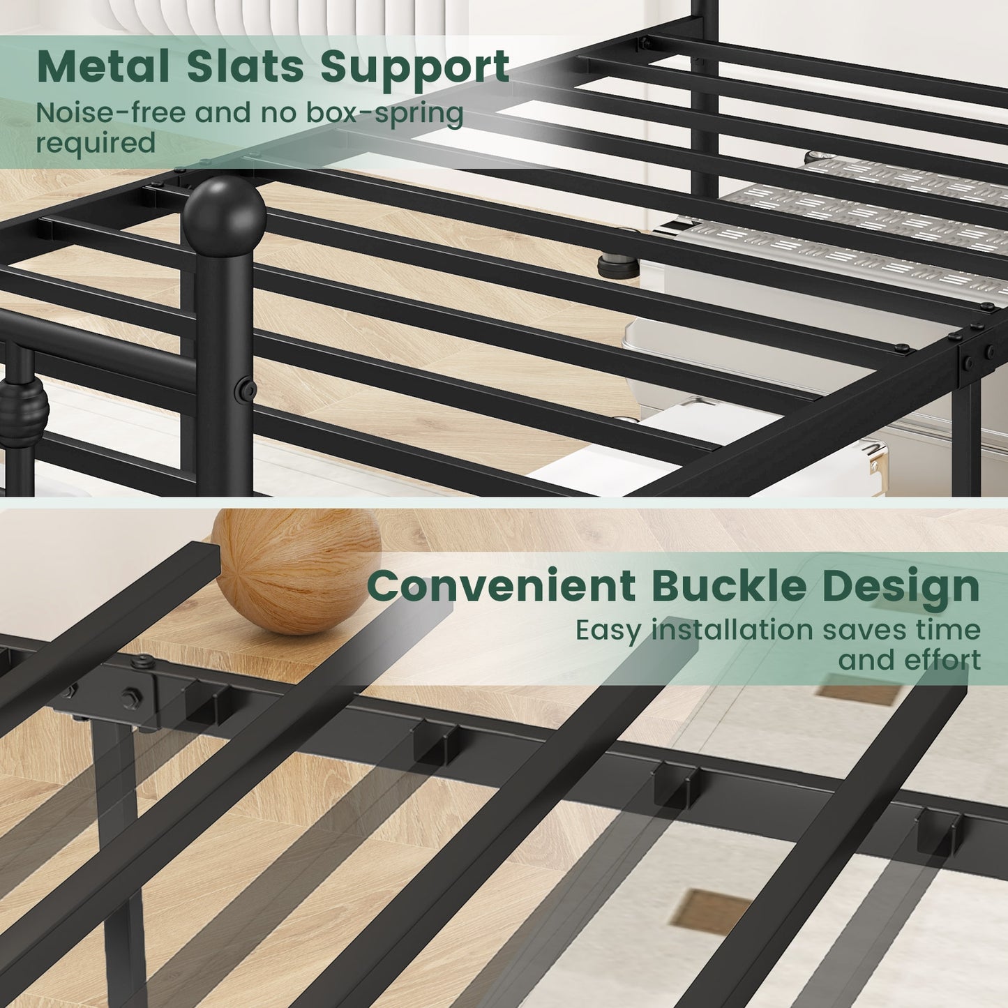 Black Metal Bed Frame with Slatted Base and Elevated Headboard, Twin Size