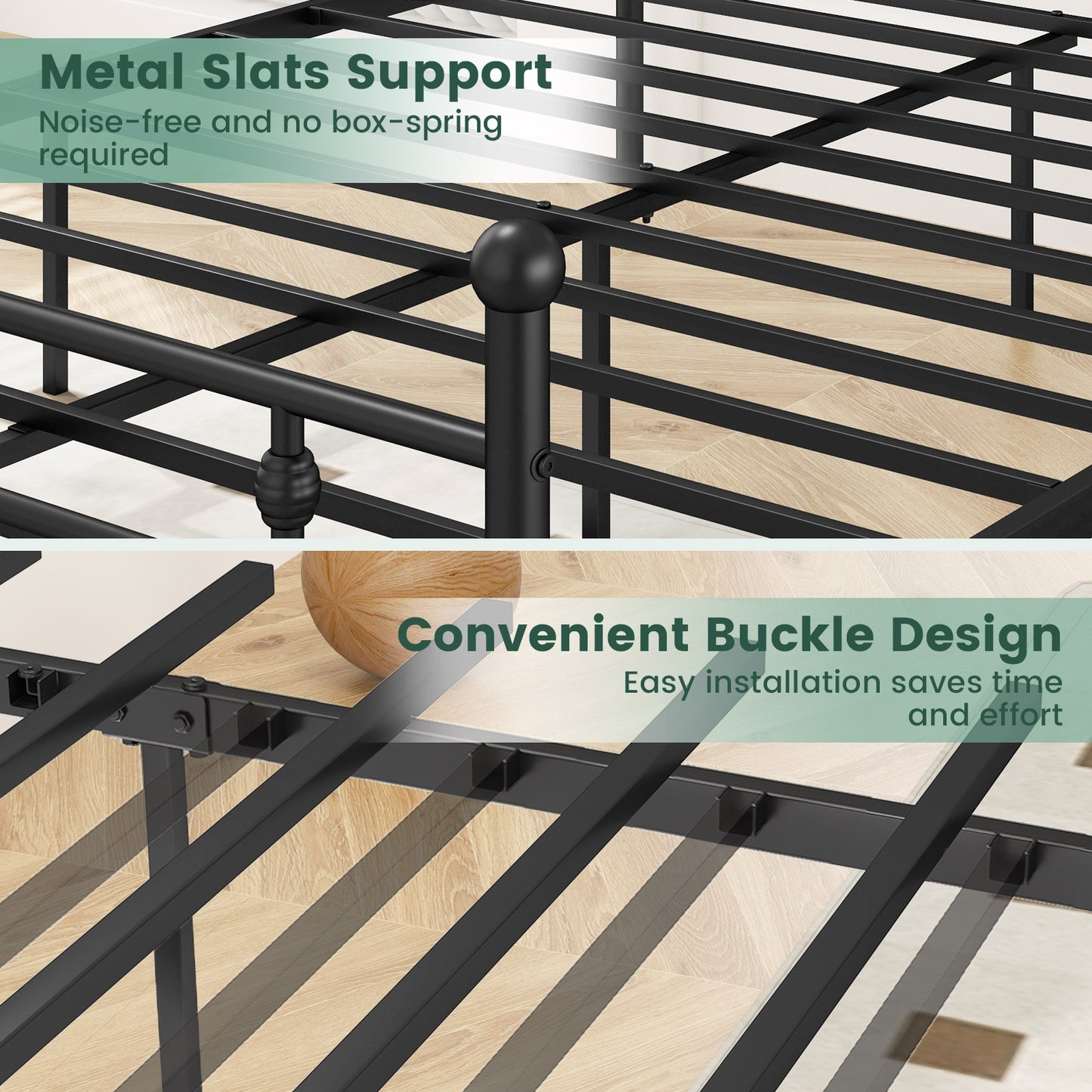Black Metal Bed Frame with Slatted Base and Elevated Headboard, Queen Size