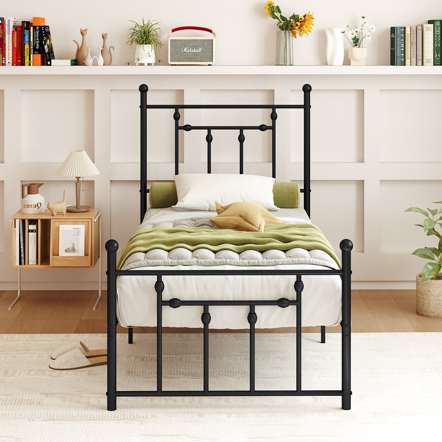 Black Metal Bed Frame with Slatted Base and Elevated Headboard, Twin Size