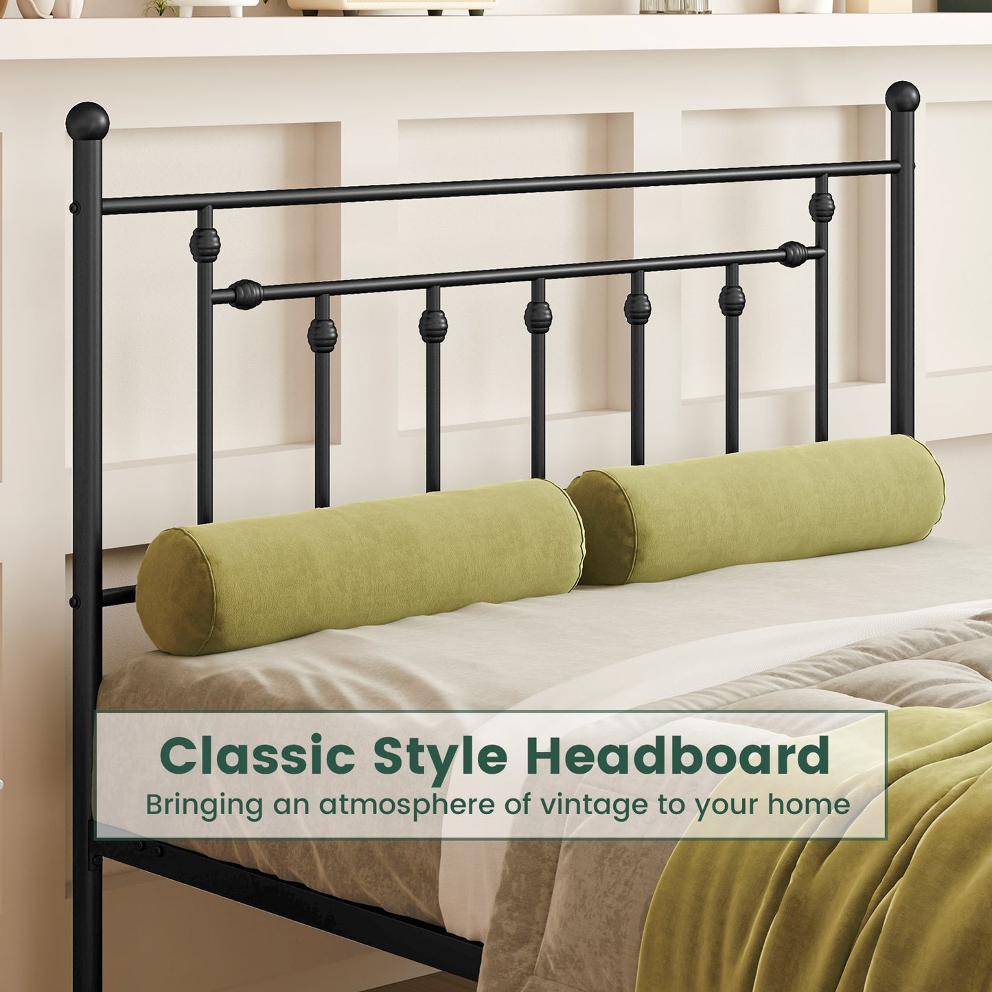 Black Metal Bed Frame with Slatted Base and Elevated Headboard, Queen Size