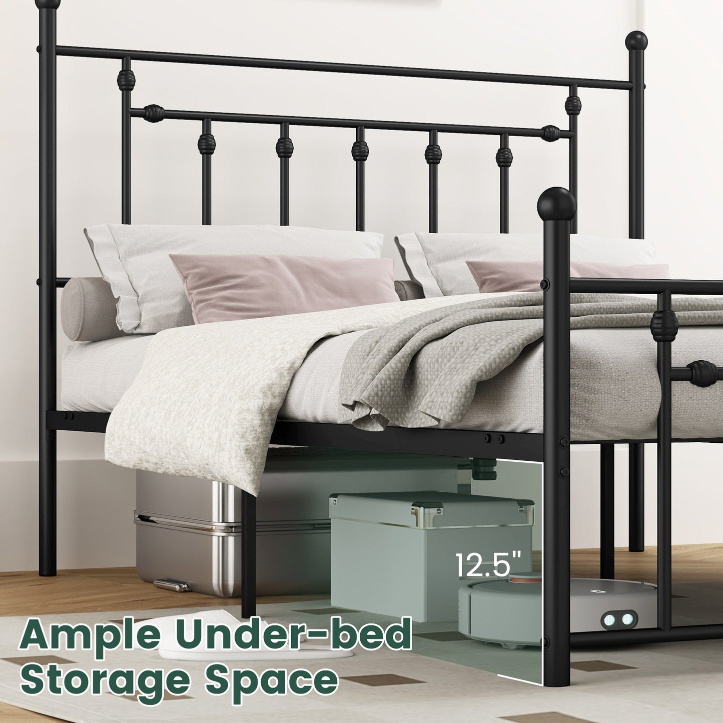 Black Metal Bed Frame with Slatted Base and Elevated Headboard, Queen Size