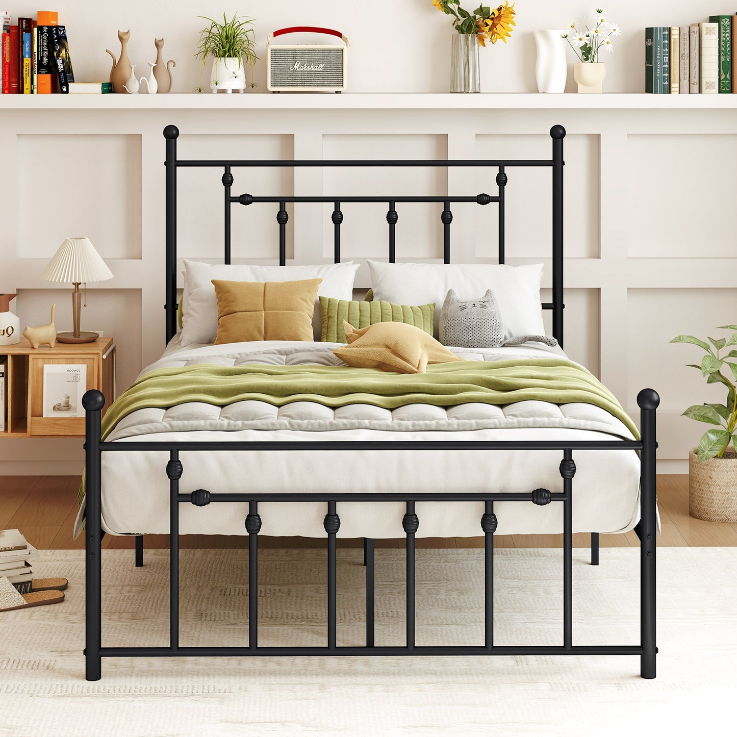 Black Metal Bed Frame with Slatted Base and Elevated Headboard, Queen Size