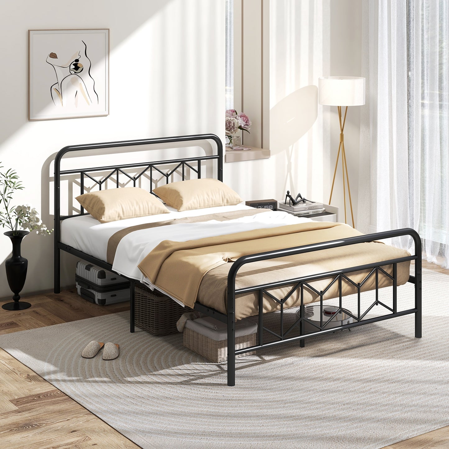 Modern Metal Platform Bed with Tall Graphic Headboard and Snap Lock Slats, Full Size