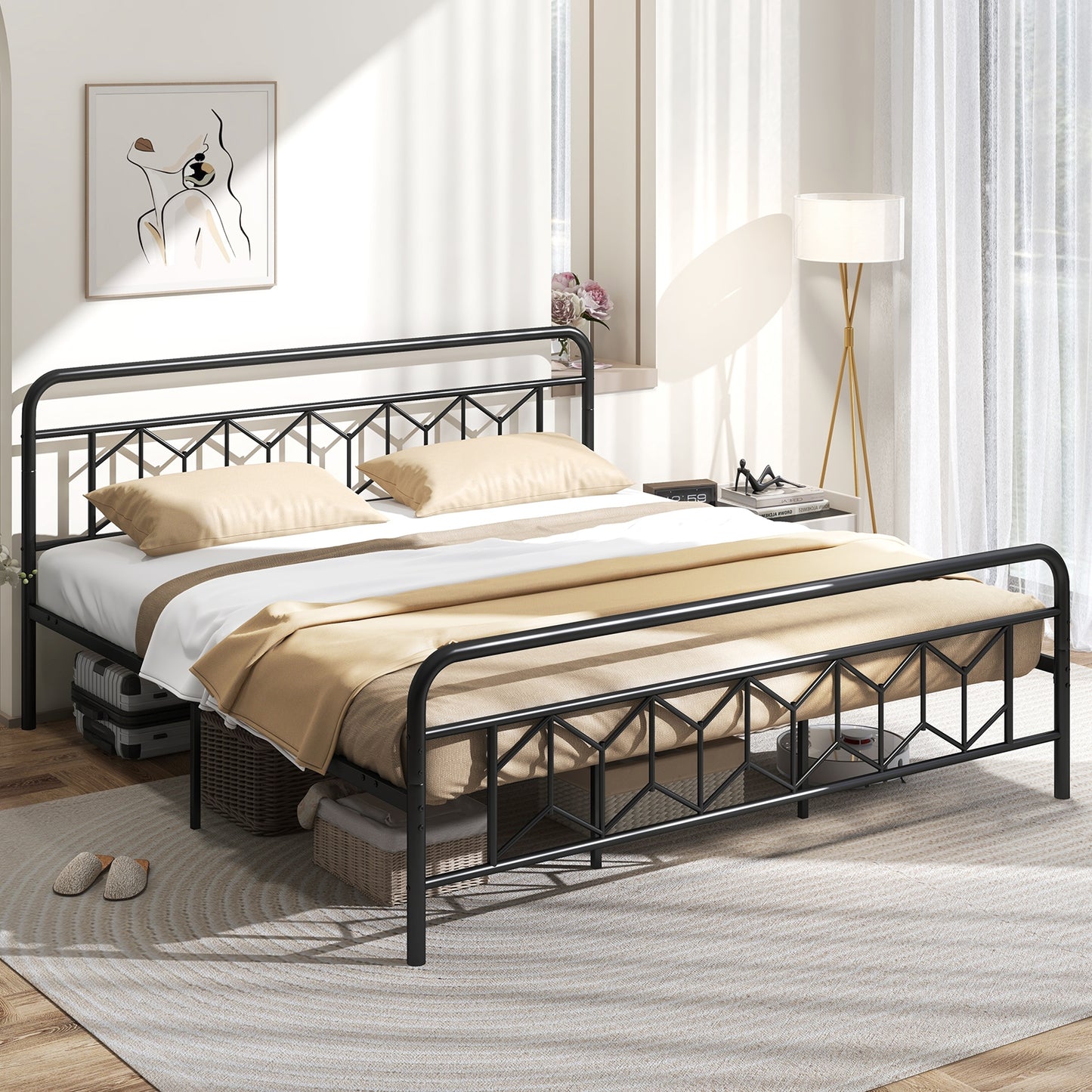 Modern Metal Platform Bed with Tall Graphic Headboard and Snap Lock Slats, King Size