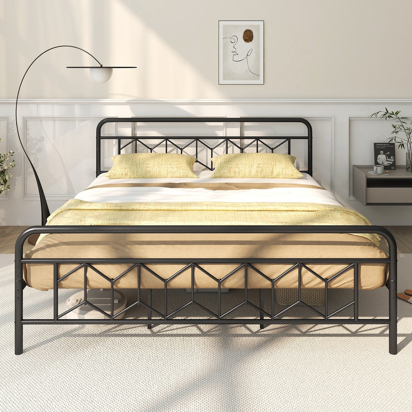 Modern Metal Platform Bed with Tall Graphic Headboard and Snap Lock Slats, King Size