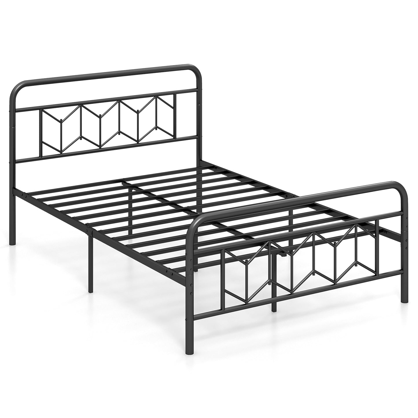 Modern Metal Platform Bed with Tall Graphic Headboard and Snap Lock Slats, Full Size