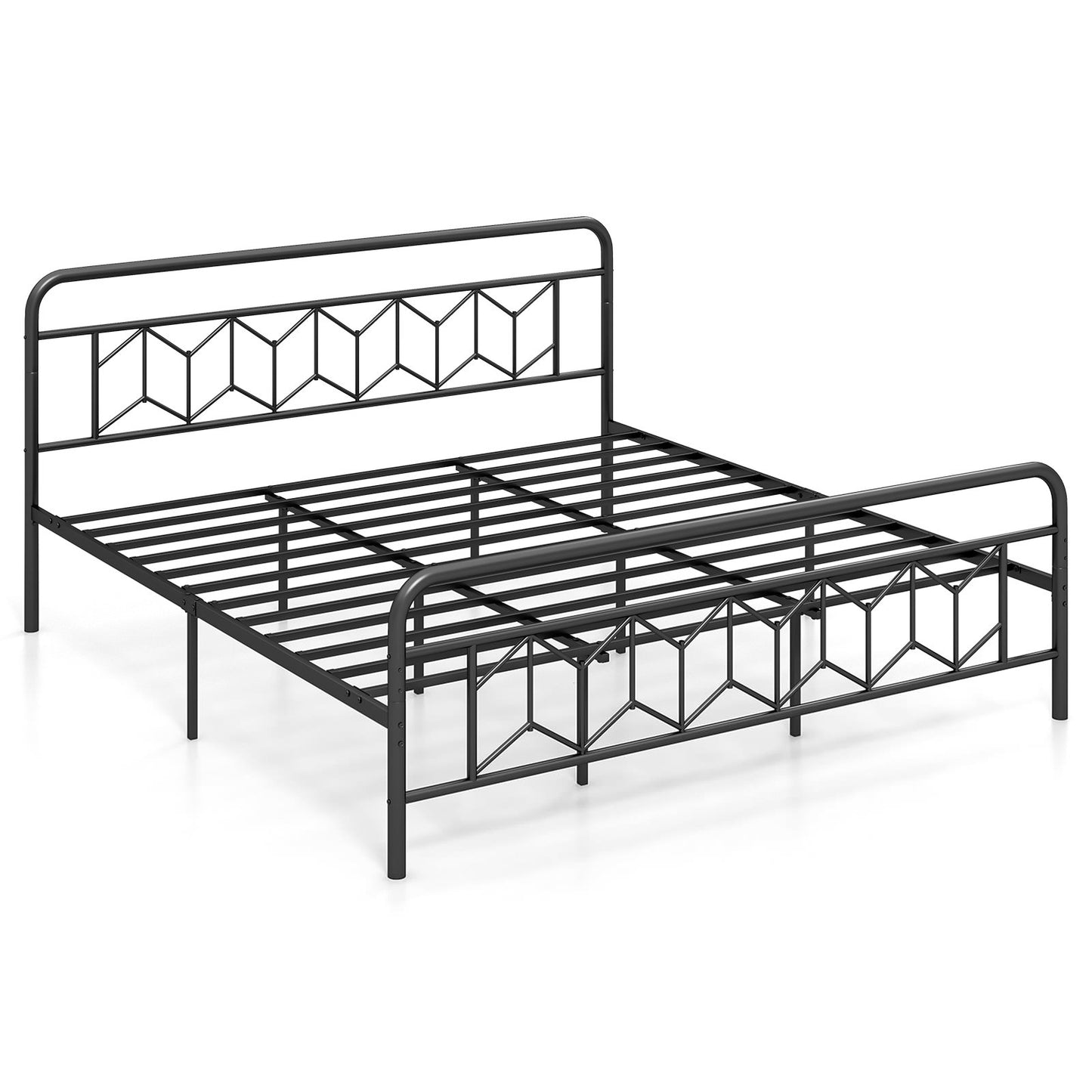 Modern Metal Platform Bed with Tall Graphic Headboard and Snap Lock Slats, King Size
