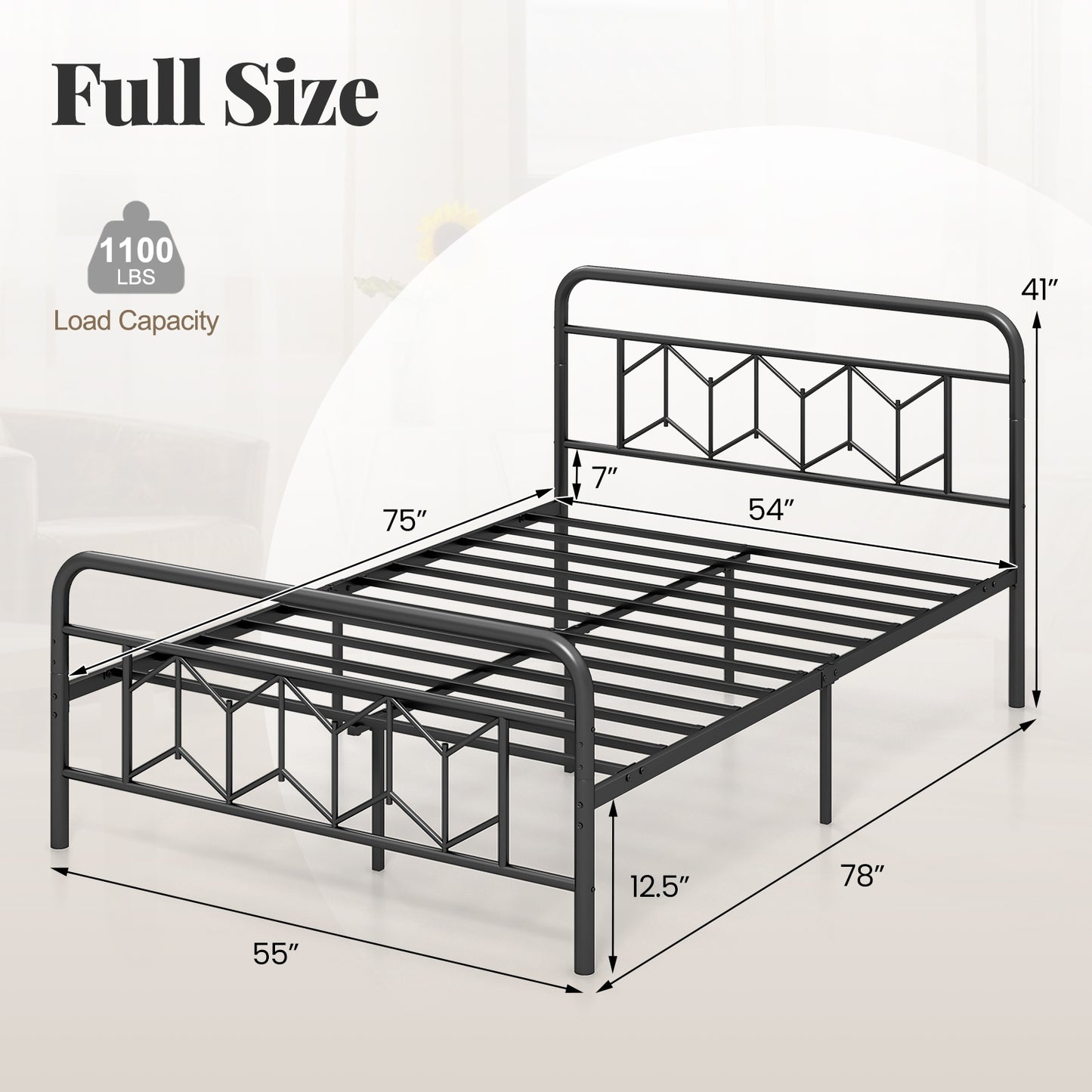 Modern Metal Platform Bed with Tall Graphic Headboard and Snap Lock Slats, Full Size