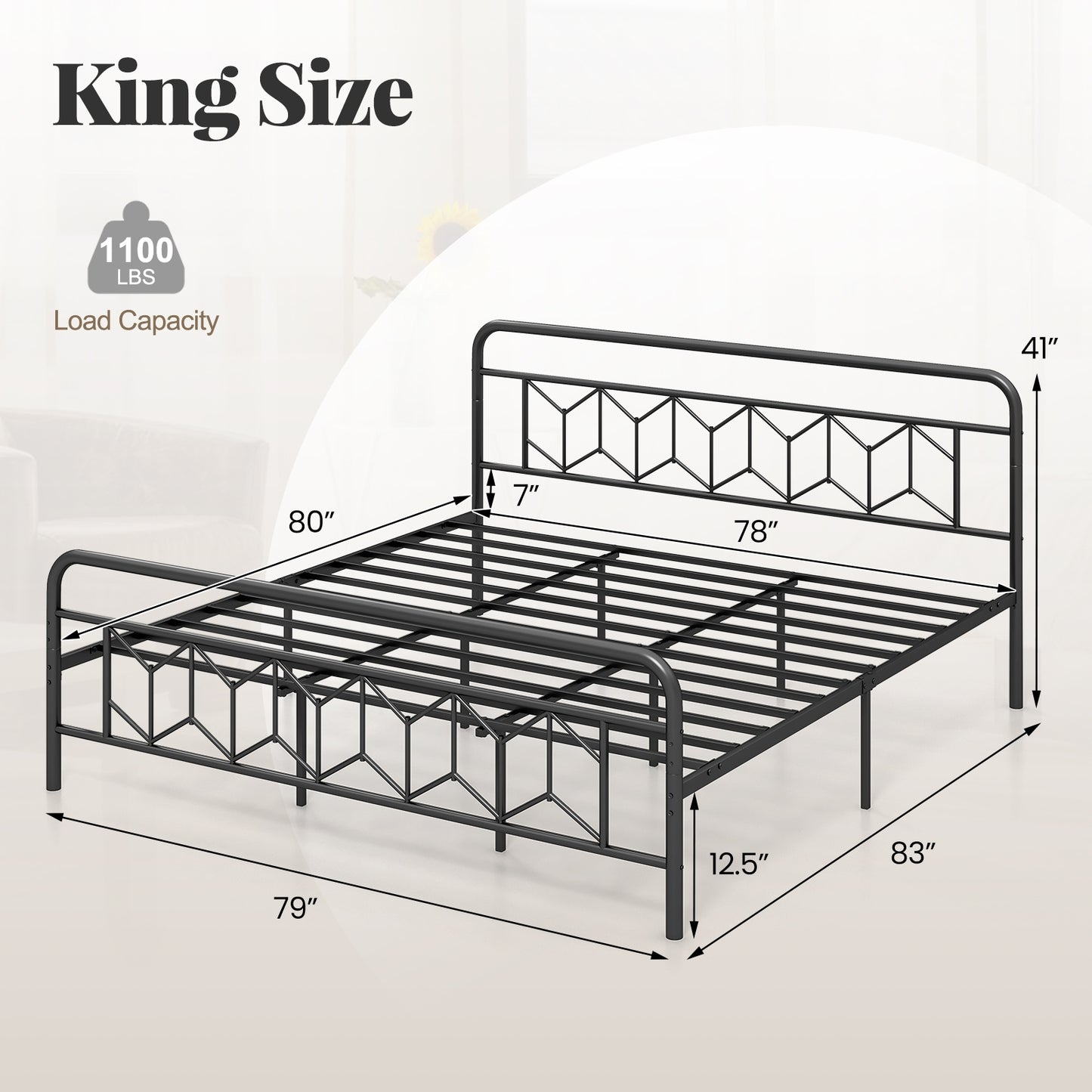 Modern Metal Platform Bed with Tall Graphic Headboard and Snap Lock Slats, King Size