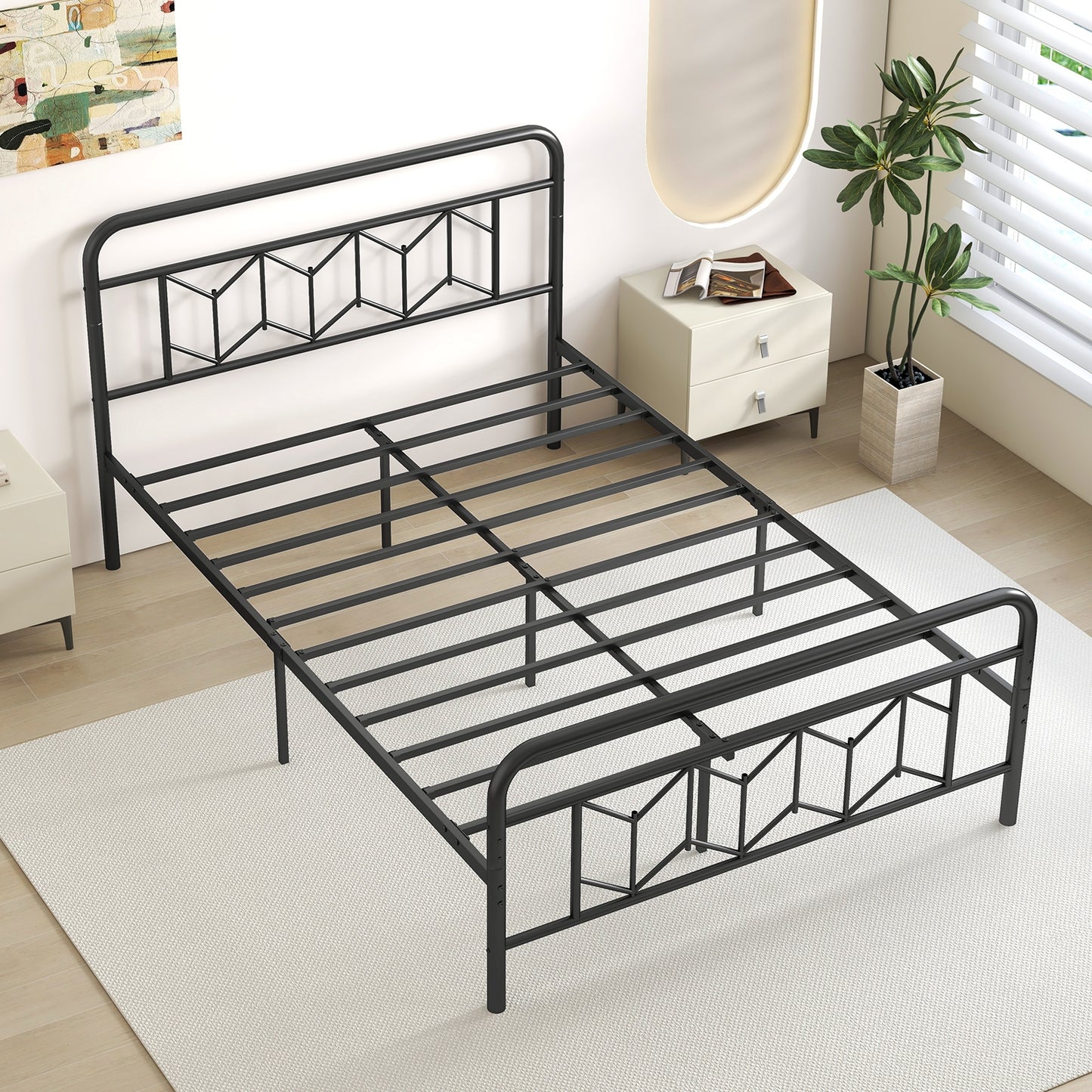 Modern Metal Platform Bed with Tall Graphic Headboard and Snap Lock Slats, Full Size