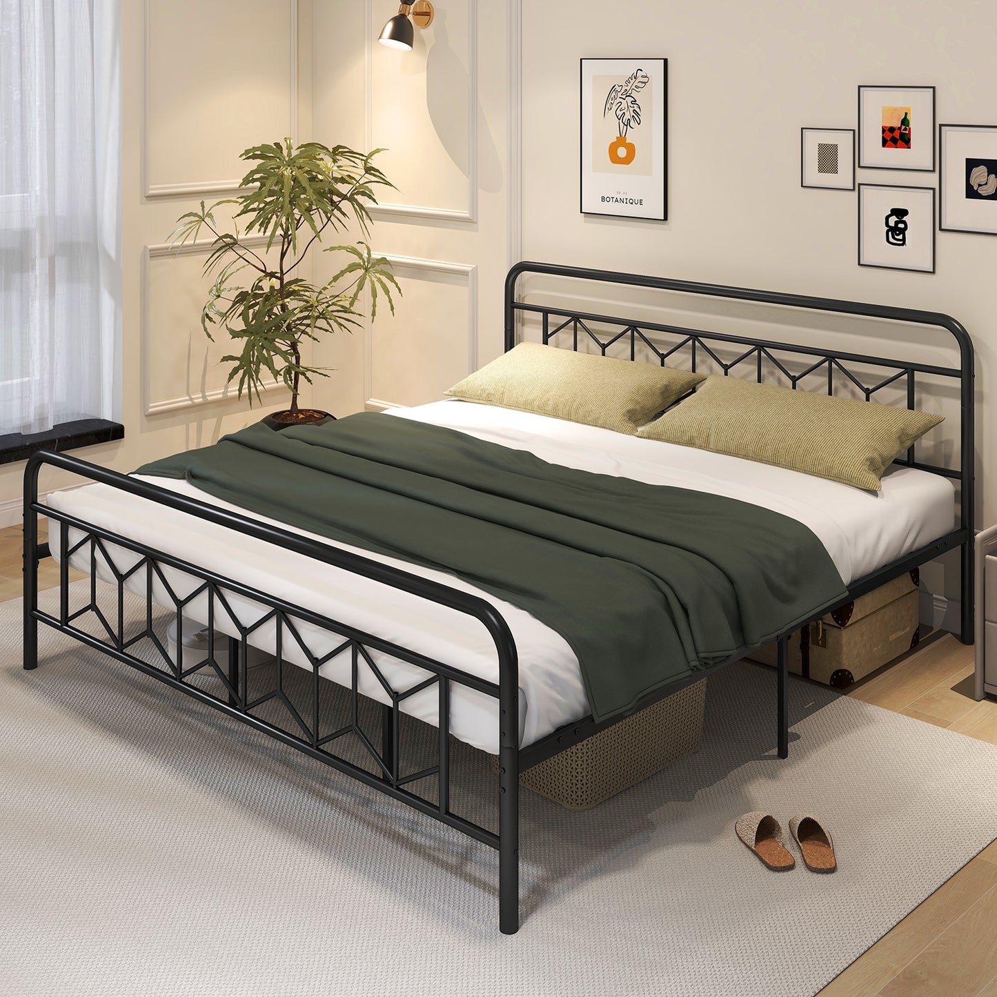 Modern Metal Platform Bed with Tall Graphic Headboard and Snap Lock Slats, King Size