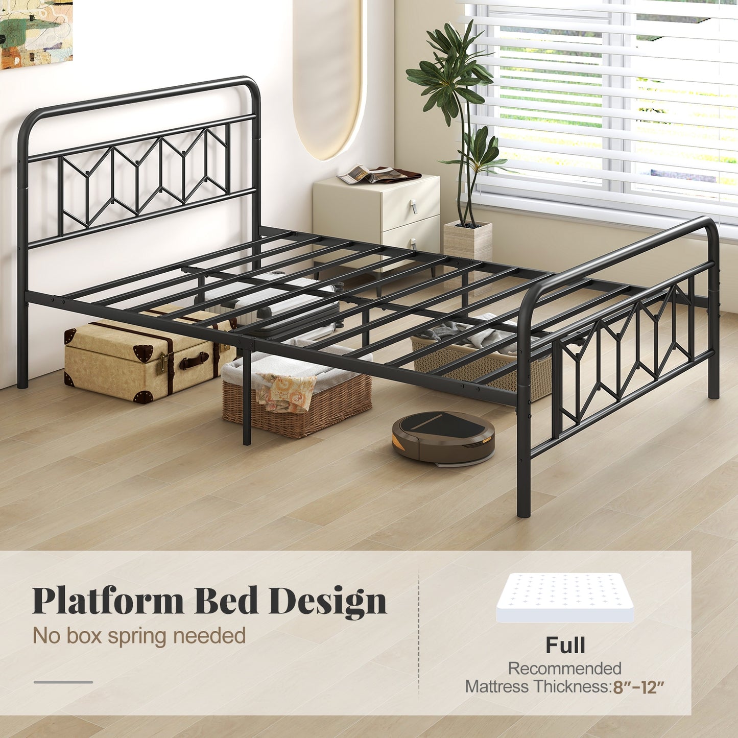 Modern Metal Platform Bed with Tall Graphic Headboard and Snap Lock Slats, Full Size