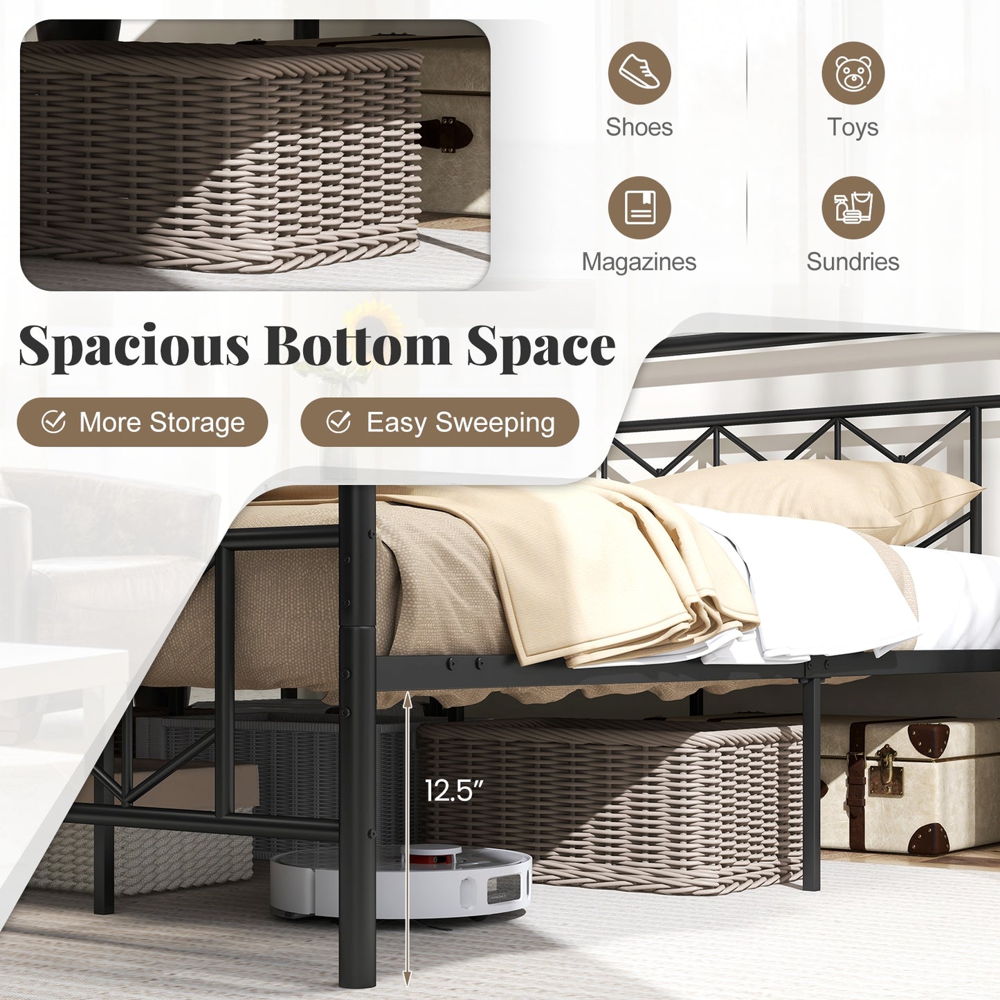 Modern Metal Platform Bed with Tall Graphic Headboard and Snap Lock Slats, King Size