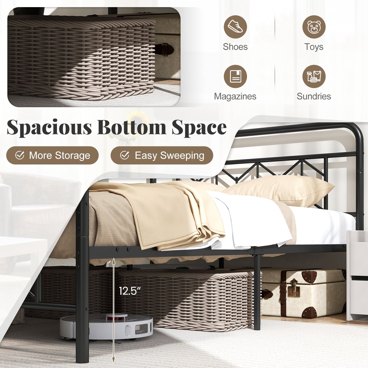 Modern Metal Platform Bed with Tall Graphic Headboard and Snap Lock Slats, Full Size