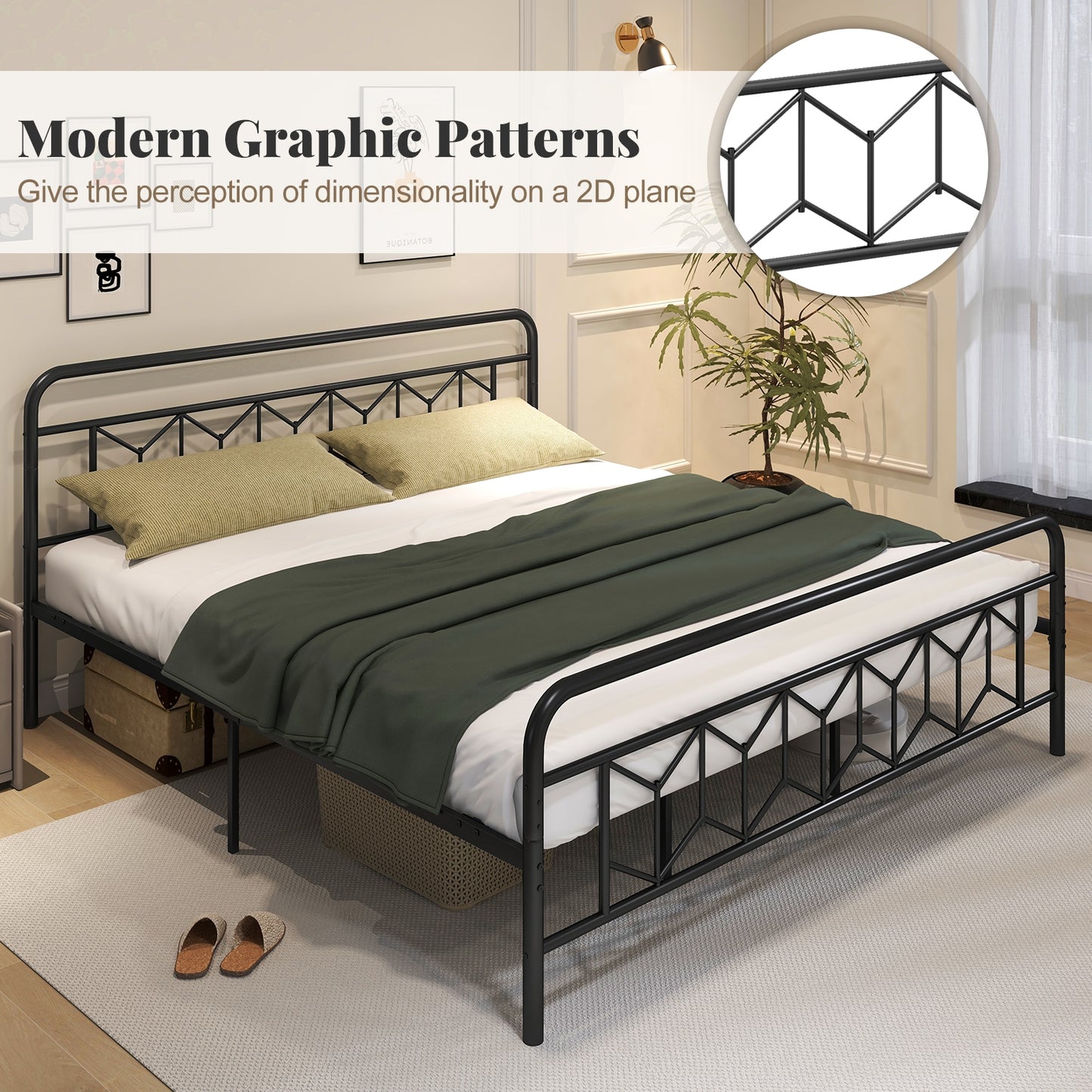 Modern Metal Platform Bed with Tall Graphic Headboard and Snap Lock Slats, King Size
