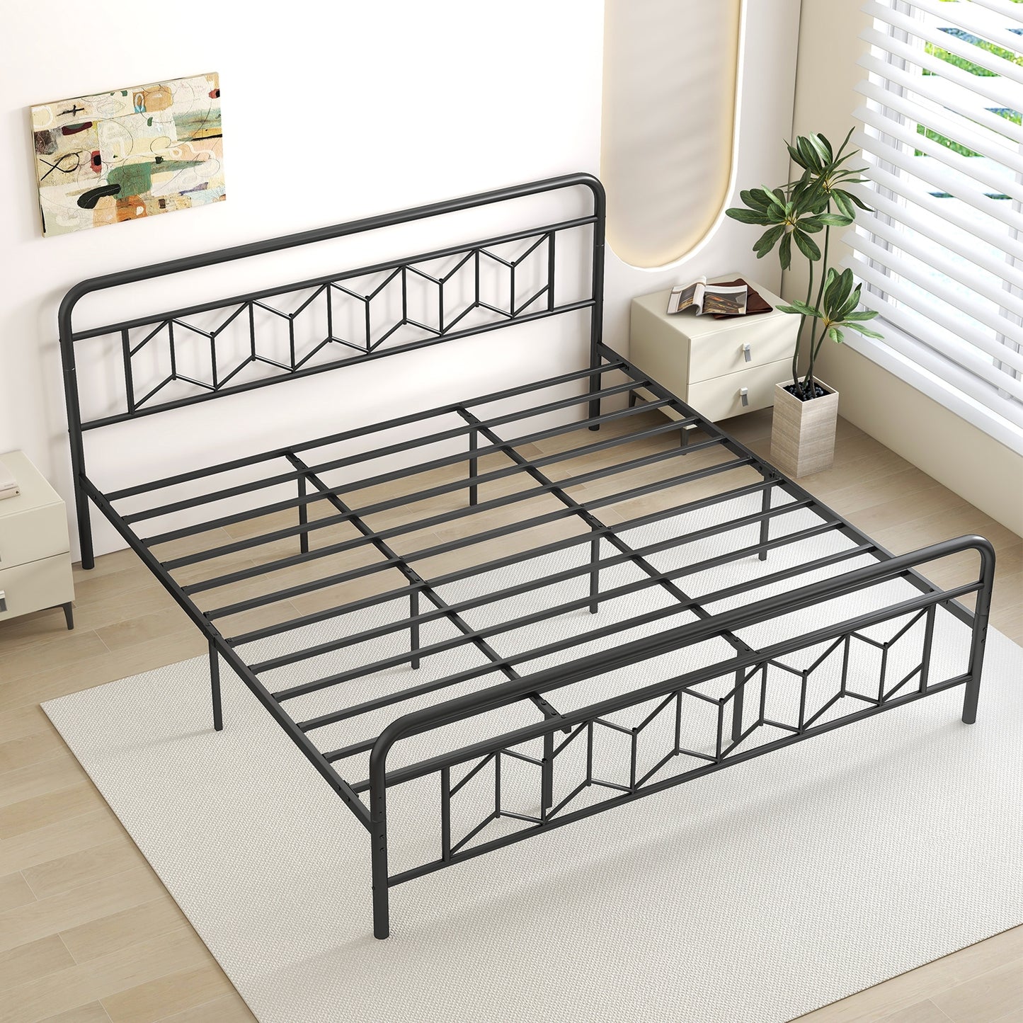 Modern Metal Platform Bed with Tall Graphic Headboard and Snap Lock Slats, King Size
