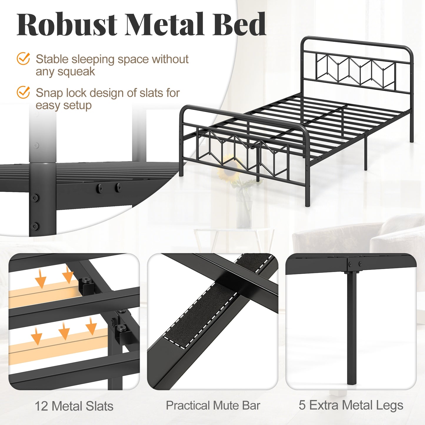 Modern Metal Platform Bed with Tall Graphic Headboard and Snap Lock Slats, Full Size