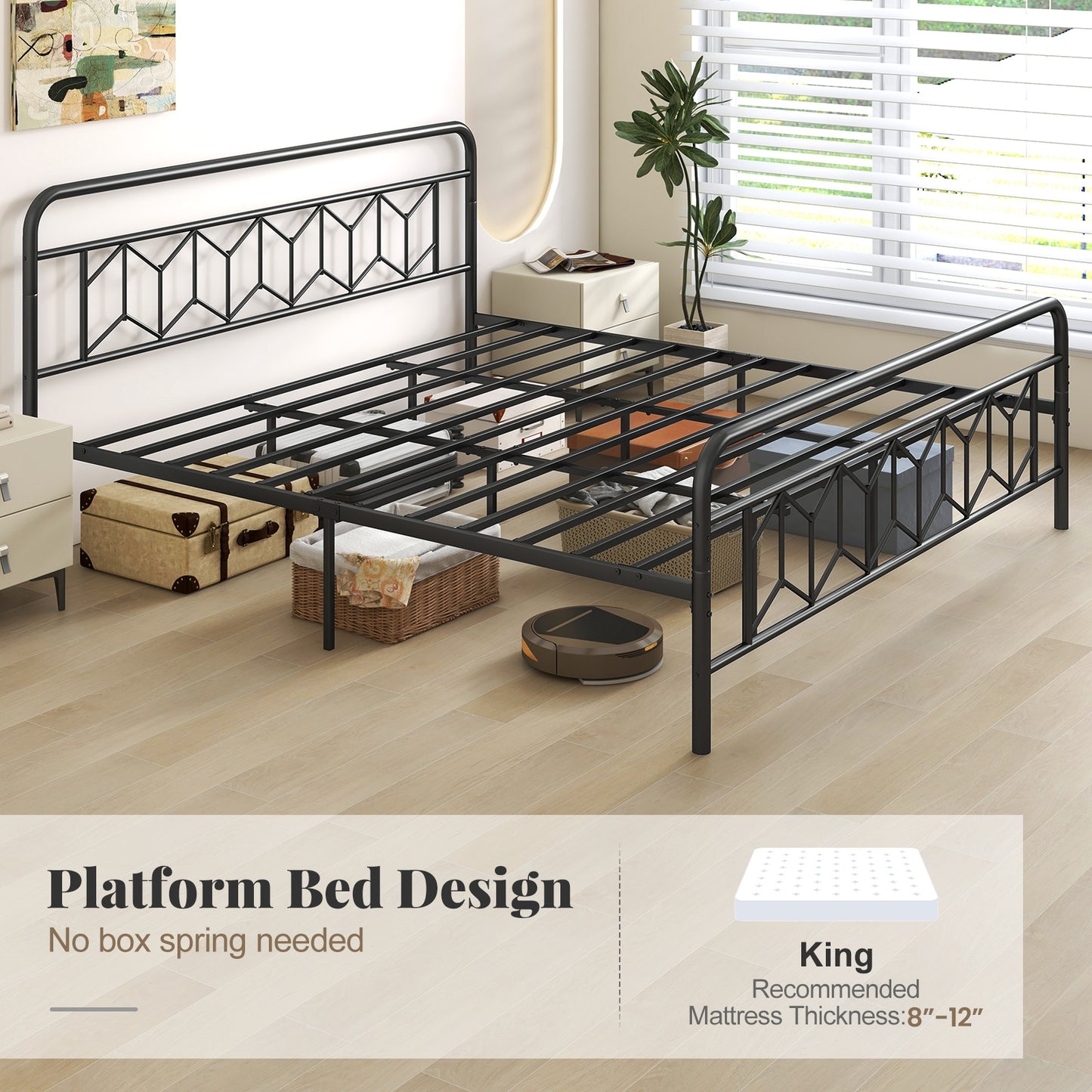 Modern Metal Platform Bed with Tall Graphic Headboard and Snap Lock Slats, King Size
