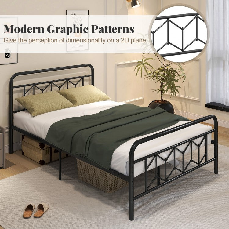 Modern Metal Platform Bed with Tall Graphic Headboard and Snap Lock Slats, Full Size