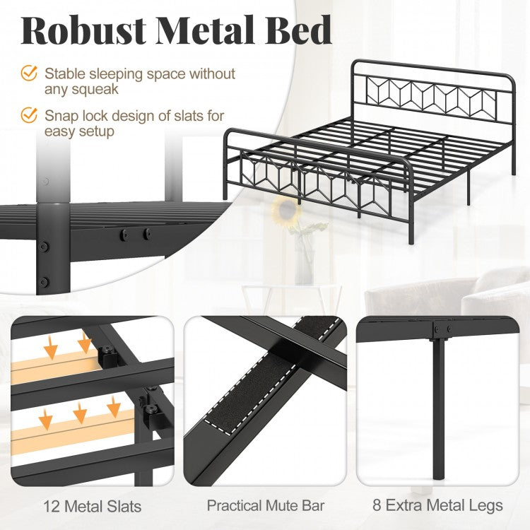 Modern Metal Platform Bed with Tall Graphic Headboard and Snap Lock Slats, King Size