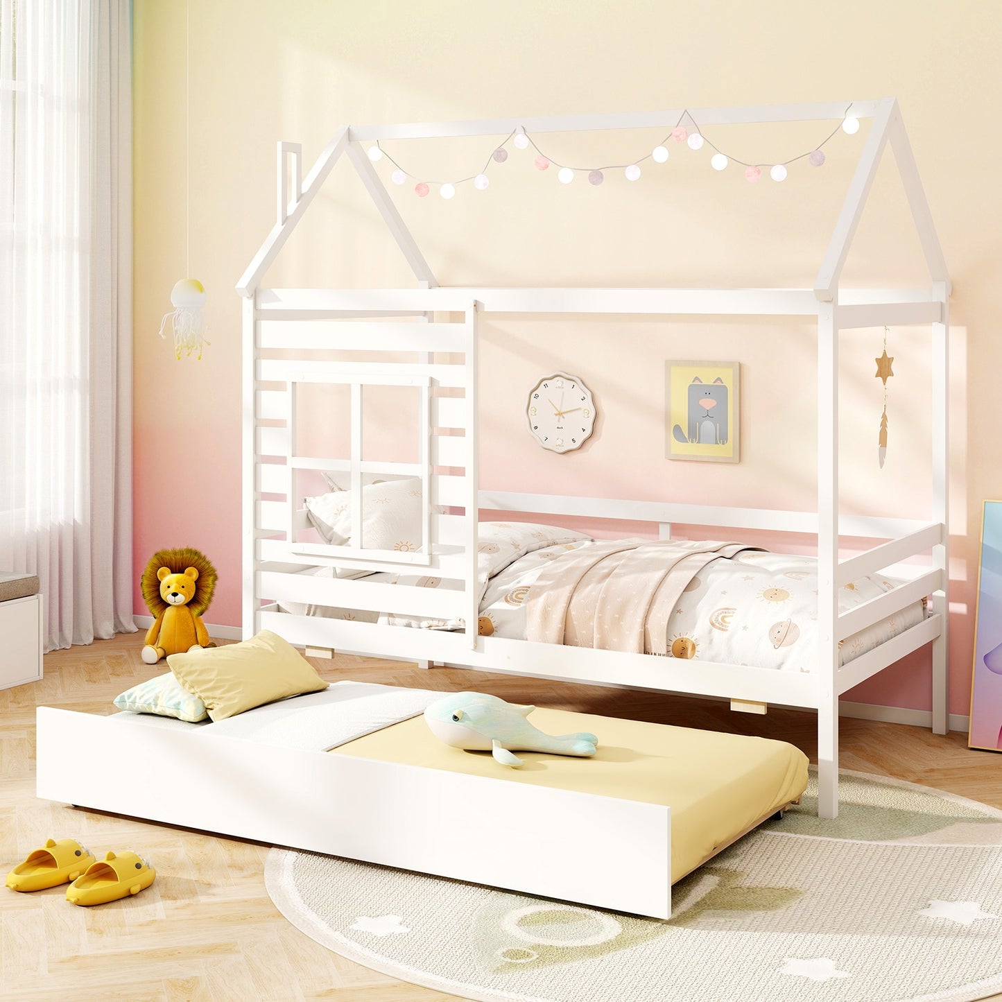 Wooden Twin Size House Bed with Trundle, Roof & Guardrails - White