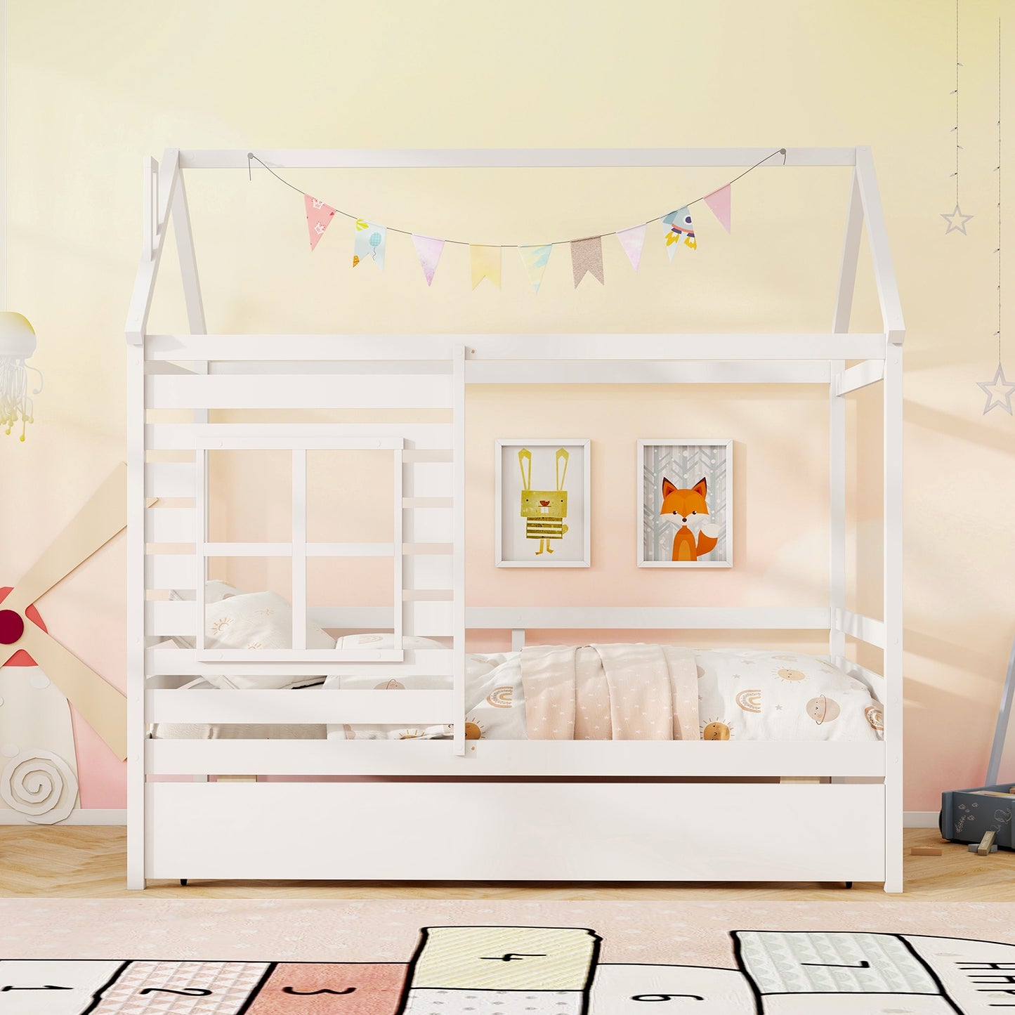 Wooden Twin Size House Bed with Trundle, Roof & Guardrails - White
