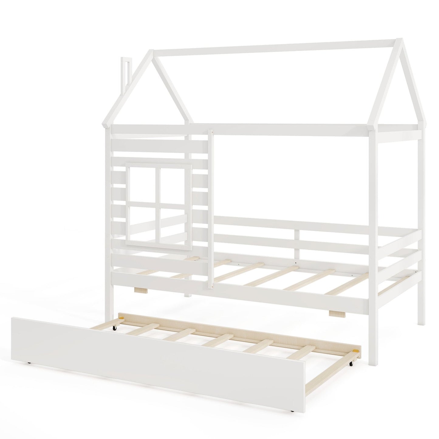 Wooden Twin Size House Bed with Trundle, Roof & Guardrails - White