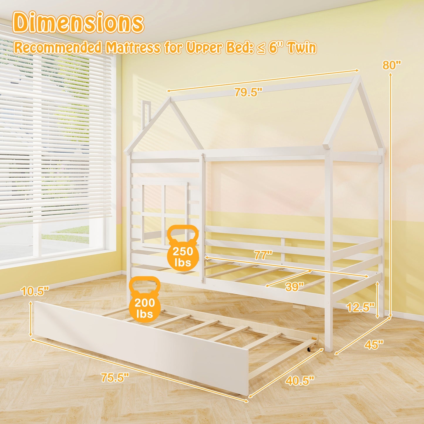 Wooden Twin Size House Bed with Trundle, Roof & Guardrails - White