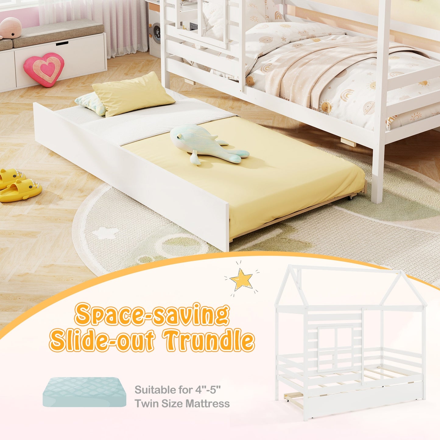 Wooden Twin Size House Bed with Trundle, Roof & Guardrails - White