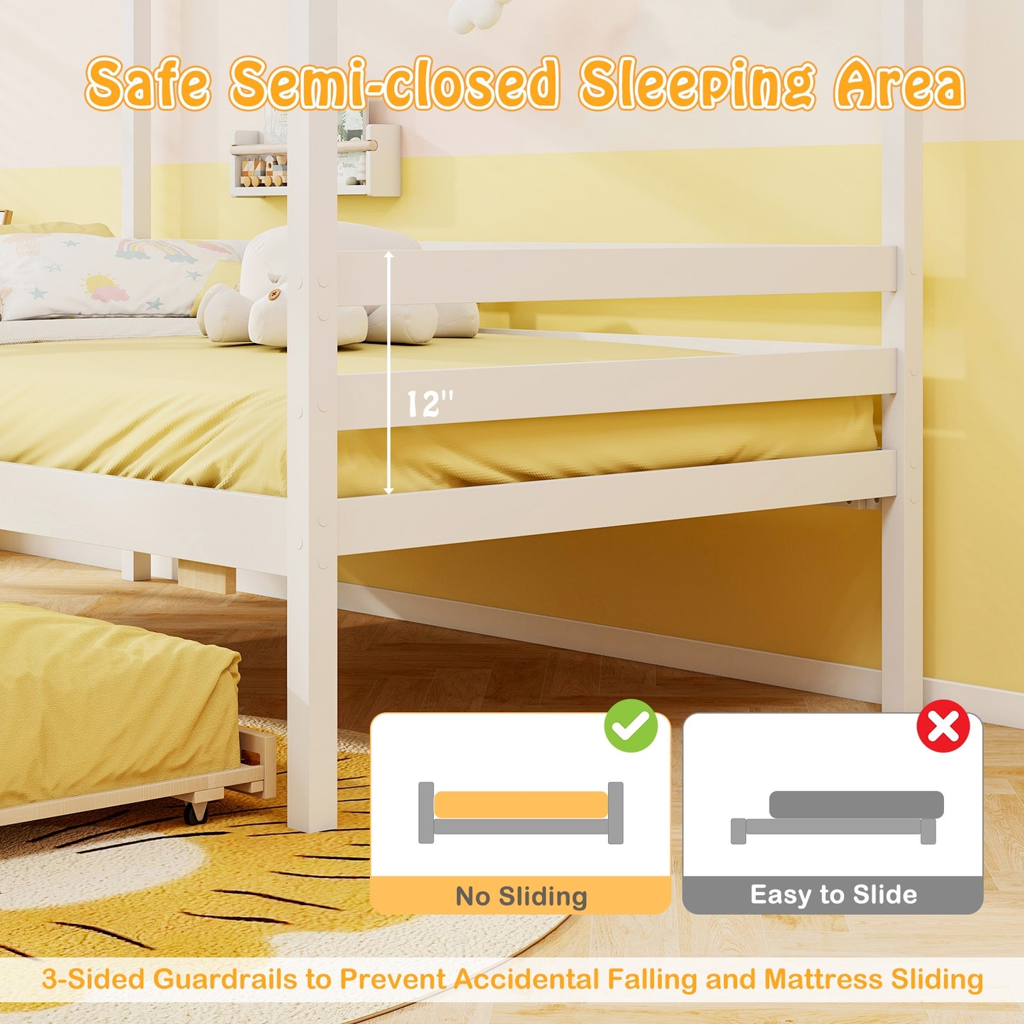 Wooden Twin Size House Bed with Trundle, Roof & Guardrails - White