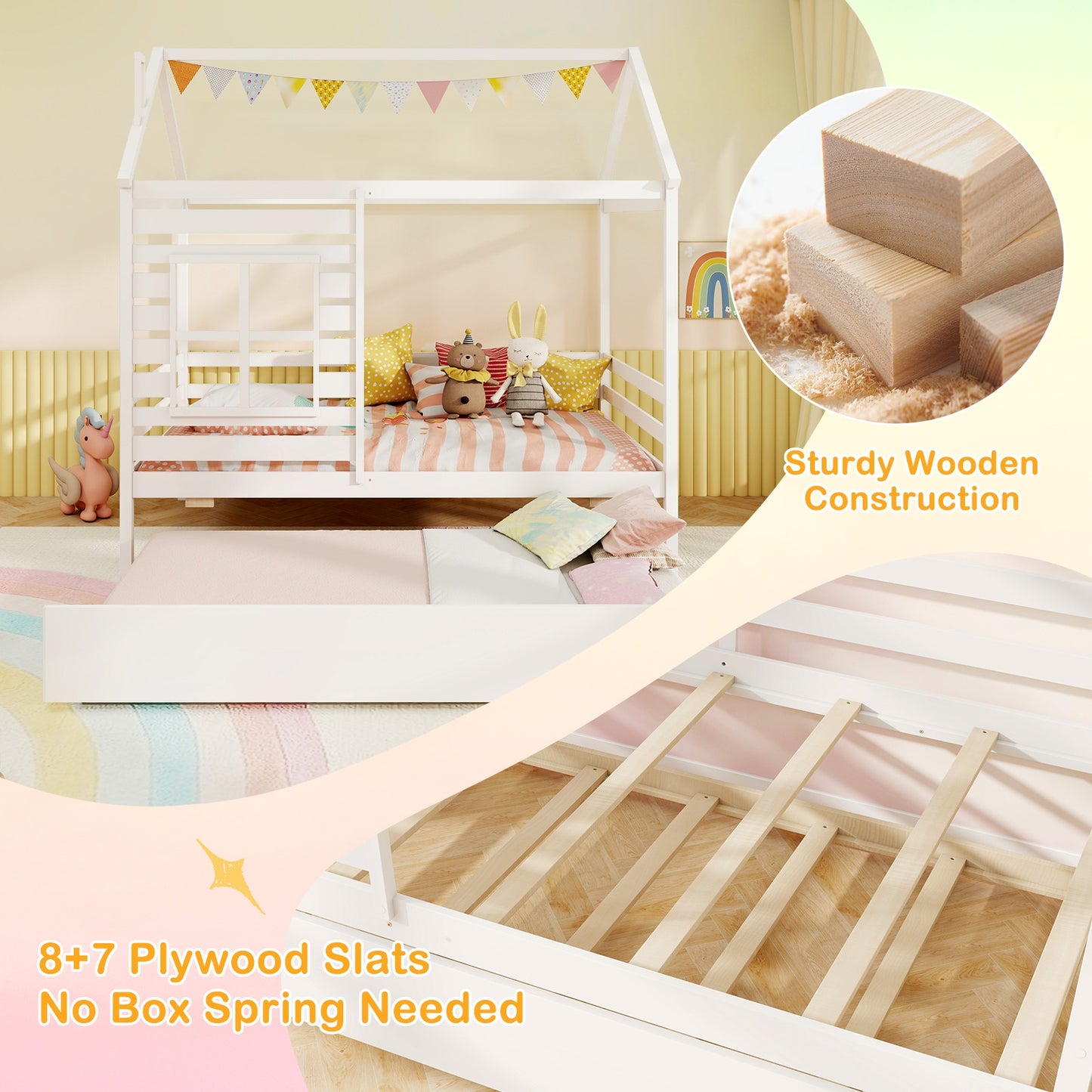 Wooden Twin Size House Bed with Trundle, Roof & Guardrails - White